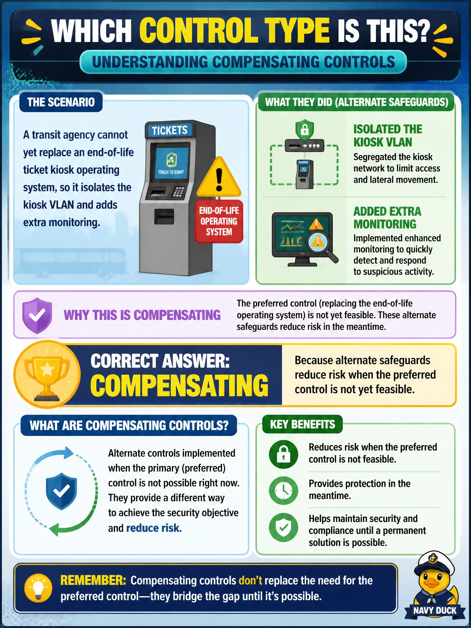 To Create an exciting colorful infographic that explains the concepts in the question: Question: A transit agency cannot yet replace an end-of-life ticket kiosk operating system, so it isolates the kiosk VLAN and adds extra monitoring. Which control type best describes those alternate safeguards? Correct Answer: Compensating, because alternate safeguards reduce risk when the preferred control is not yet feasible. Put EVERY visible label in double quotes. No people. No A/B/C/D letters. In one of the four corners put a little "Navy Duck".