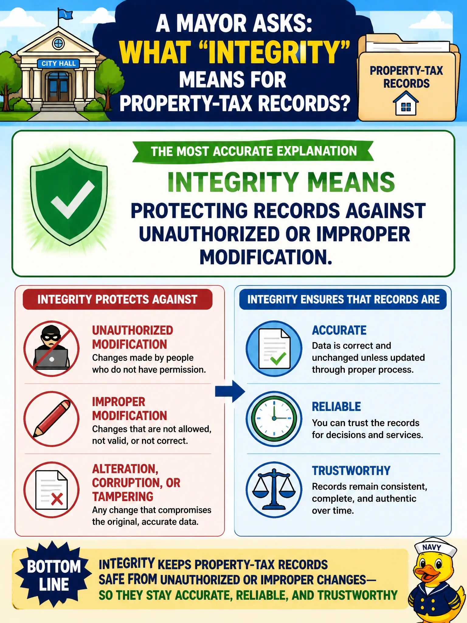 To Create an exciting colorful infographic that explains the concepts in the question: Question: A mayor asks what 'integrity' means for property-tax records. Which explanation is most accurate? Correct Answer: Integrity means protecting records against unauthorized or improper modification. Put EVERY visible label in double quotes. No people. No A/B/C/D letters. In one of the four corners put a little "Navy Duck".
