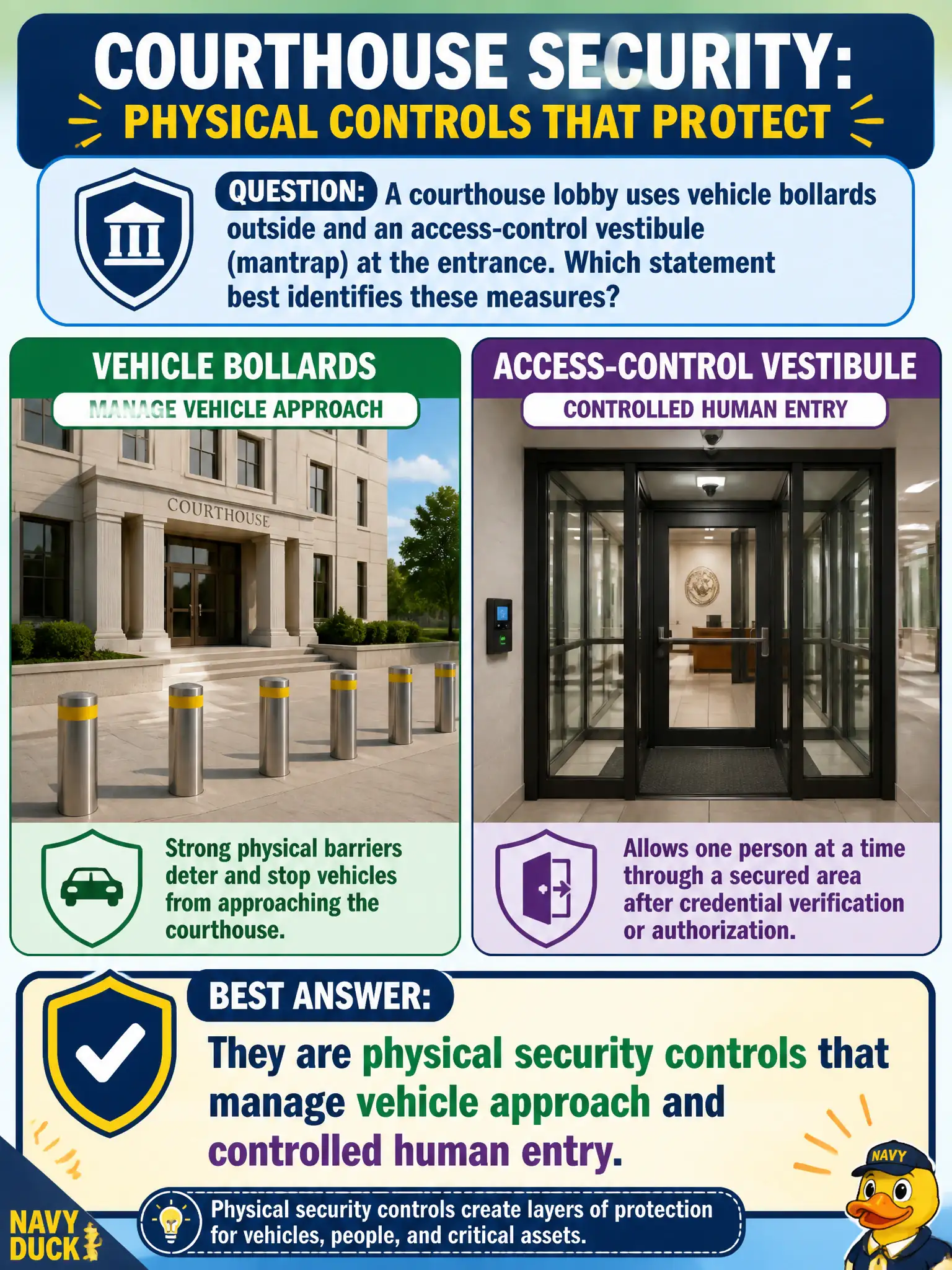 To Create an exciting colorful infographic that explains the concepts in the question: Question: A courthouse lobby uses vehicle bollards outside and an access-control vestibule (mantrap) at the entrance. Which statement best identifies these measures? Correct Answer: They are physical security controls that manage vehicle approach and controlled human entry. Put EVERY visible label in double quotes. No people. No A/B/C/D letters. In one of the four corners put a little "Navy Duck".