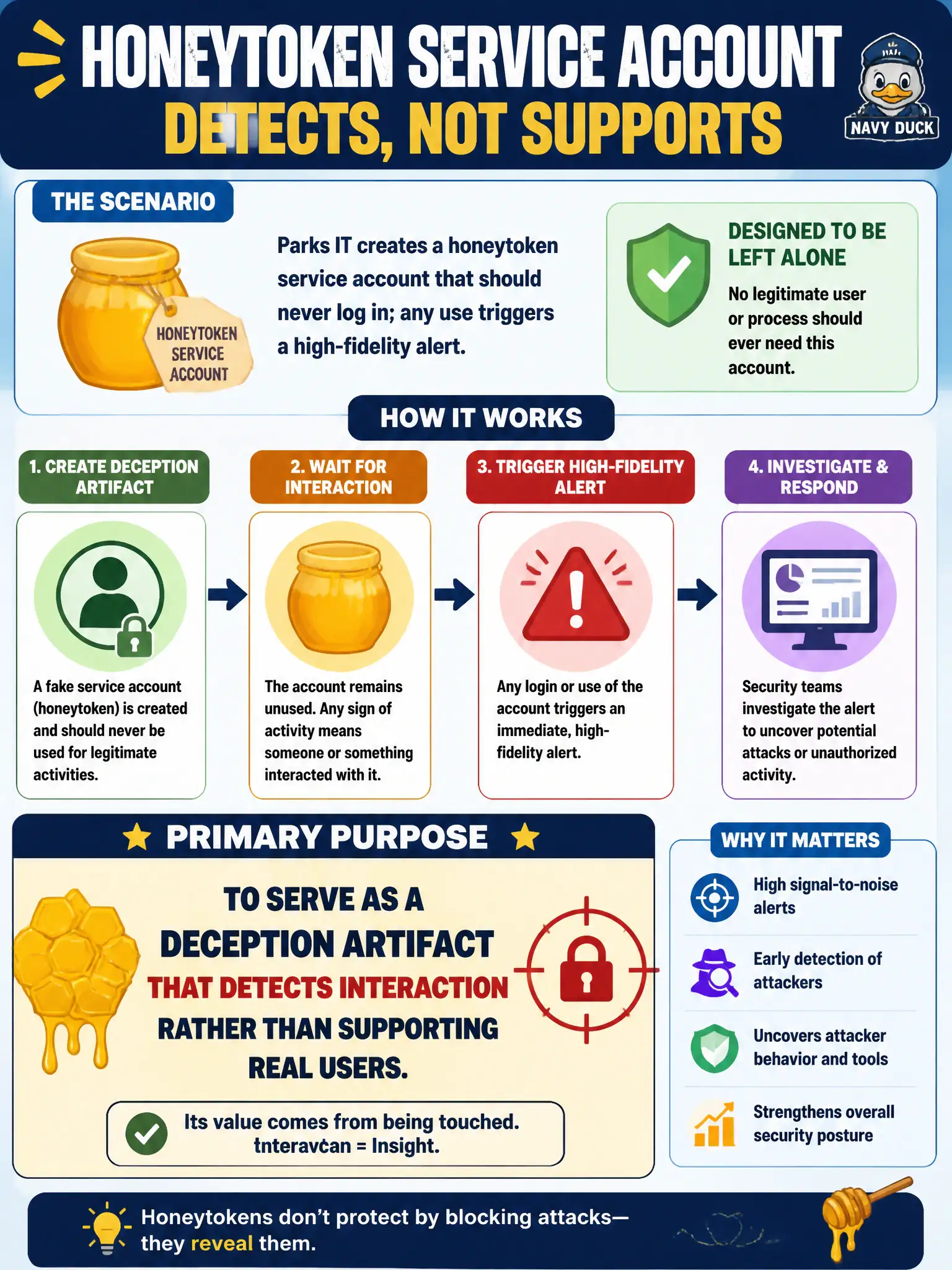 To Create an exciting colorful infographic that explains the concepts in the question: Question: Parks IT creates a honeytoken service account that should never log in; any use triggers a high-fidelity alert. What is the primary purpose of that account? Correct Answer: To serve as a deception artifact that detects interaction rather than supporting real users. Put EVERY visible label in double quotes. No people. No A/B/C/D letters. In one of the four corners put a little "Navy Duck".
