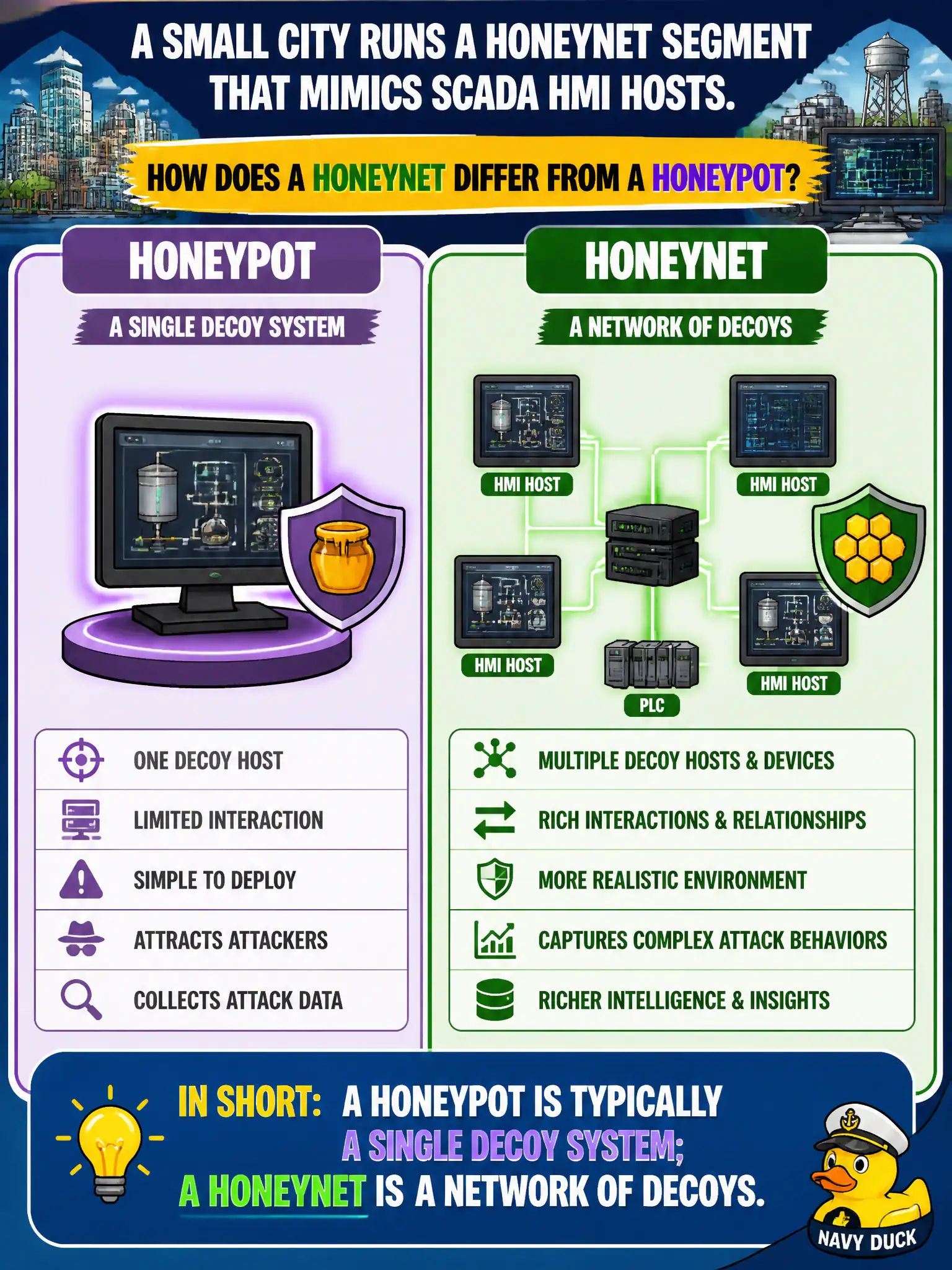 To Create an exciting colorful infographic that explains the concepts in the question: Question: A small city runs a honeynet segment that mimics SCADA HMI hosts. How does a honeynet differ from a honeypot? Correct Answer: A honeypot is typically a single decoy system; a honeynet is a network of decoys. Put EVERY visible label in double quotes. No people. No A/B/C/D letters. In one of the four corners put a little "Navy Duck".