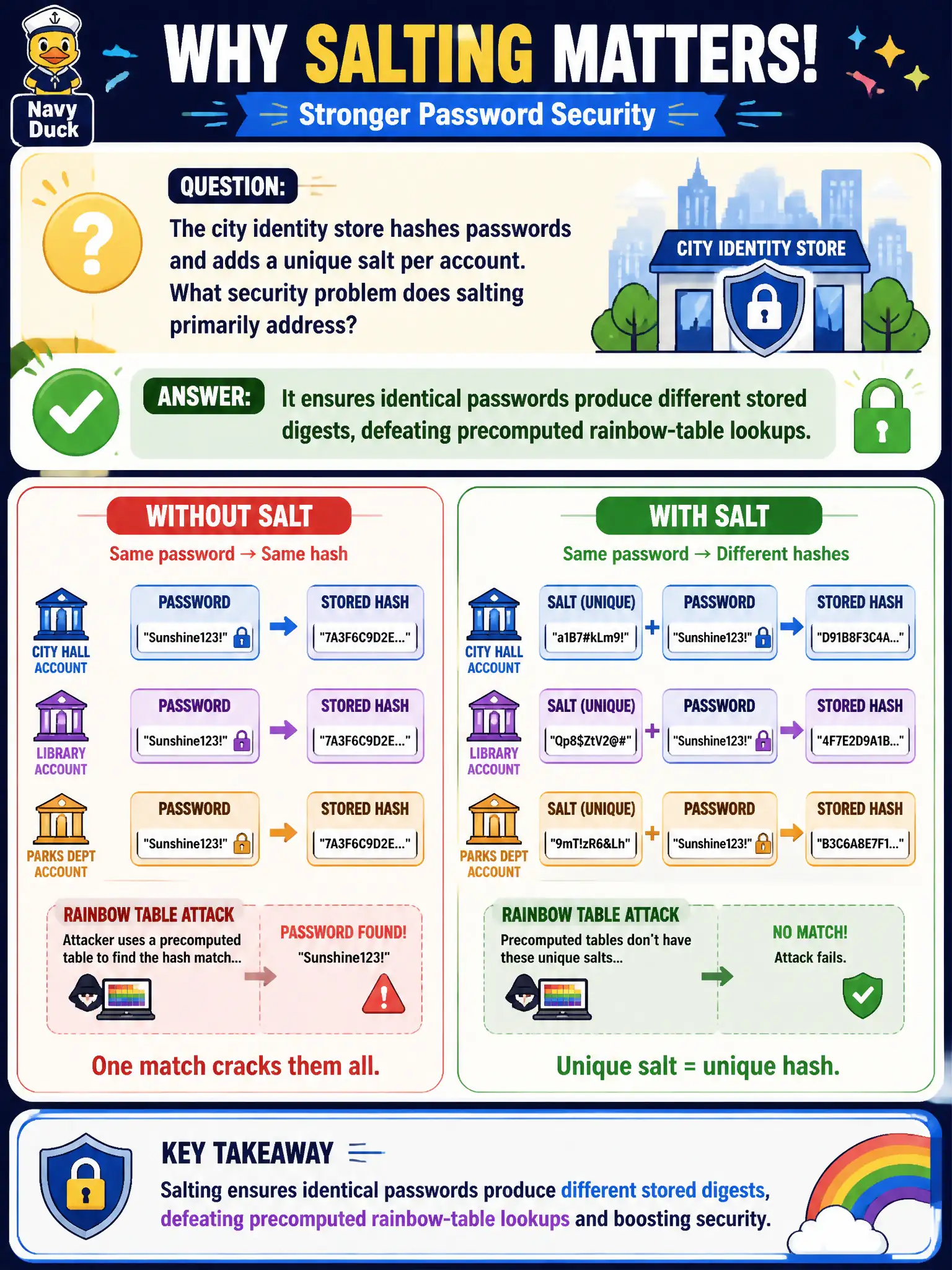 To Create an exciting colorful infographic that explains the concepts in the question: Question: The city identity store hashes passwords and adds a unique salt per account. What security problem does salting primarily address? Correct Answer: It ensures identical passwords produce different stored digests, defeating precomputed rainbow-table lookups. Put EVERY visible label in double quotes. No people. No A/B/C/D letters. In one of the four corners put a little "Navy Duck".