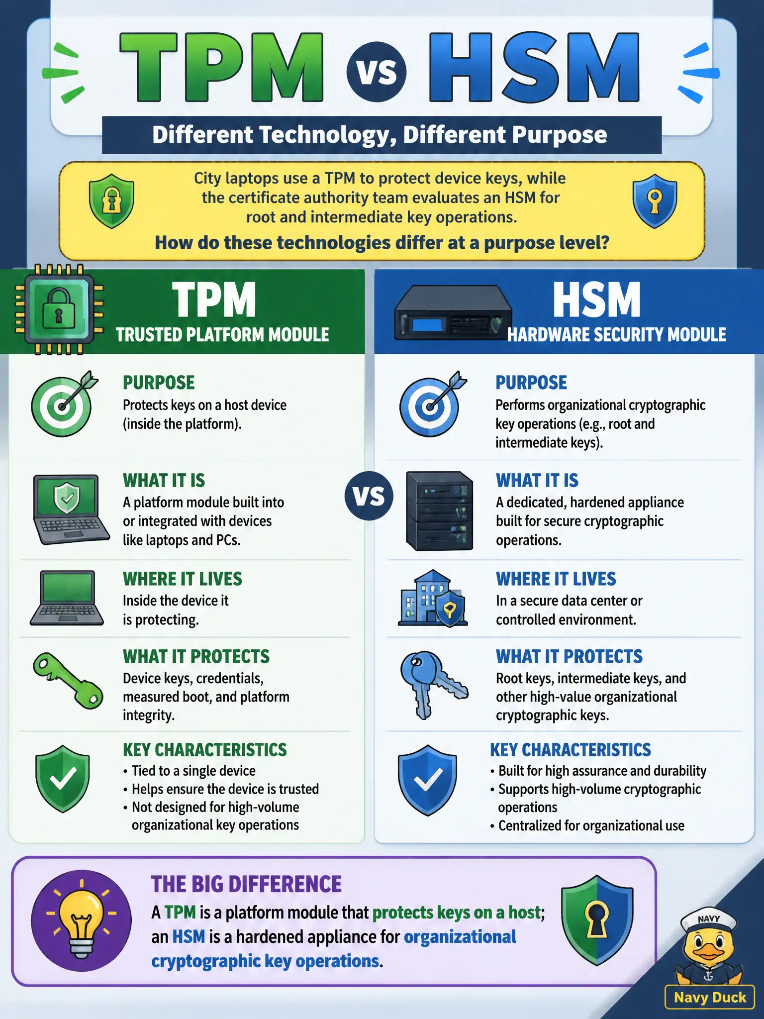 To Create an exciting colorful infographic that explains the concepts in the question: Question: City laptops use a TPM to protect device keys, while the certificate authority team evaluates an HSM for root and intermediate key operations. How do these technologies differ at a purpose level? Correct Answer: A TPM is a platform module that protects keys on a host; an HSM is a hardened appliance for organizational cryptographic key operations. Put EVERY visible label in double quotes. No people. No A/B/C/D letters. In one of the four corners put a little "Navy Duck".