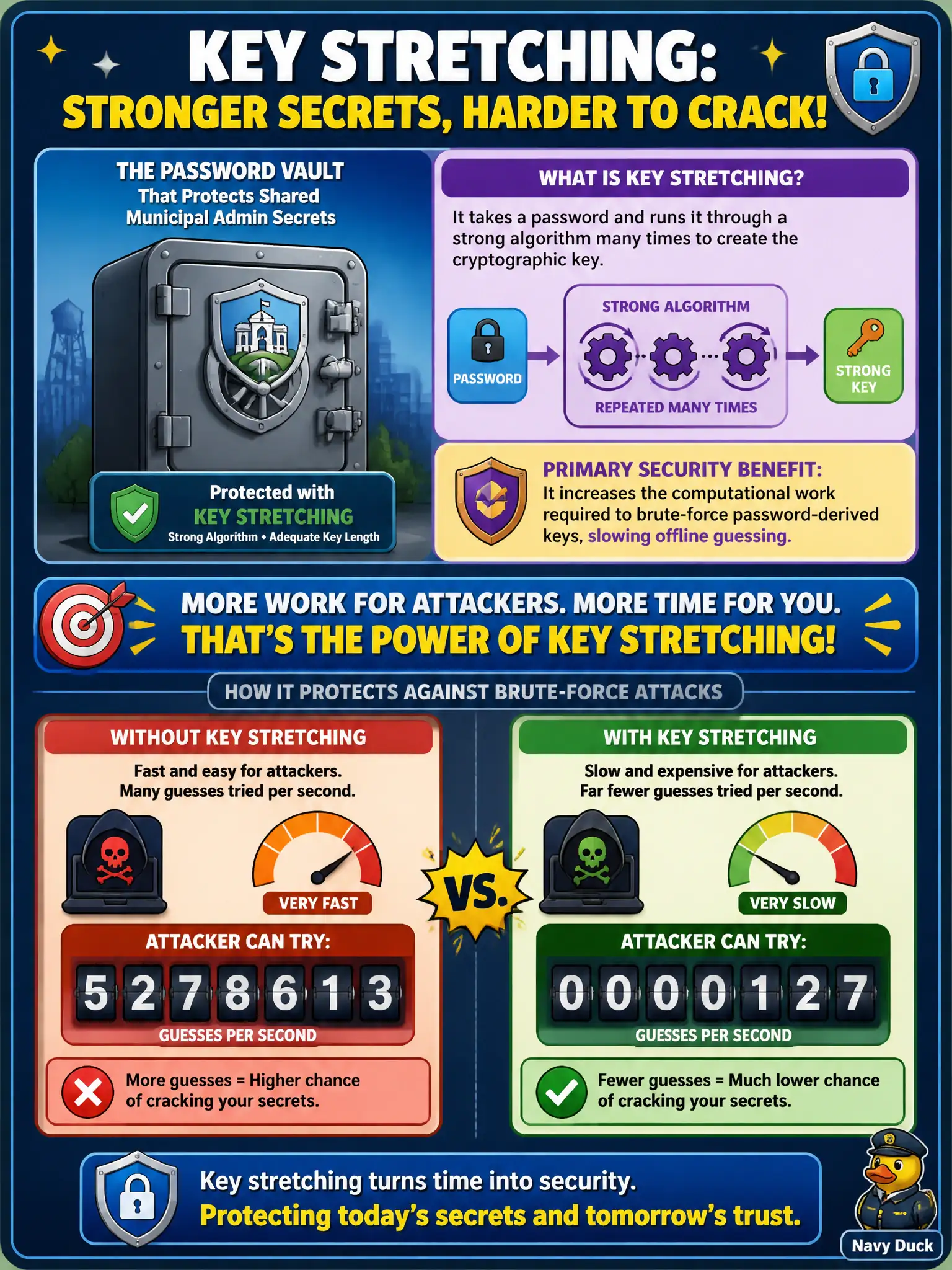 To Create an exciting colorful infographic that explains the concepts in the question: Question: The password vault that protects shared municipal admin secrets uses key stretching with a strong algorithm and adequate key length. What is the primary security benefit of key stretching in this context? Correct Answer: It increases the computational work required to brute-force password-derived keys, slowing offline guessing. Put EVERY visible label in double quotes. No people. No A/B/C/D letters. In one of the four corners put a little "Navy Duck".