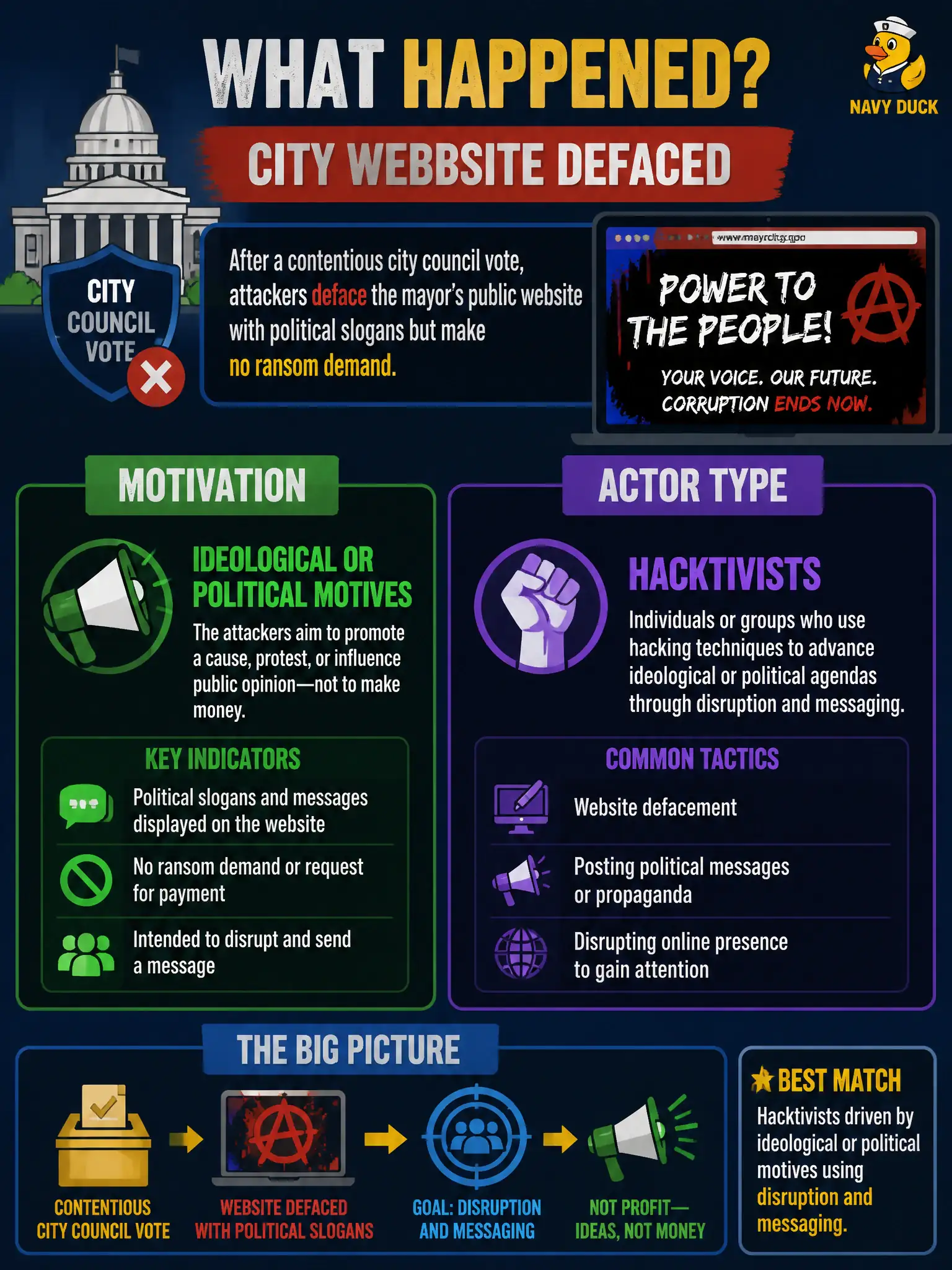 To Create an exciting colorful infographic that explains the concepts in the question: Question: After a contentious city council vote, attackers deface the mayor's public website with political slogans but make no ransom demand. Which motivation and actor type best describe the activity? Correct Answer: Hacktivists driven by ideological or political motives using disruption and messaging. Put EVERY visible label in double quotes. No people. No A/B/C/D letters. In one of the four corners put a little "Navy Duck".