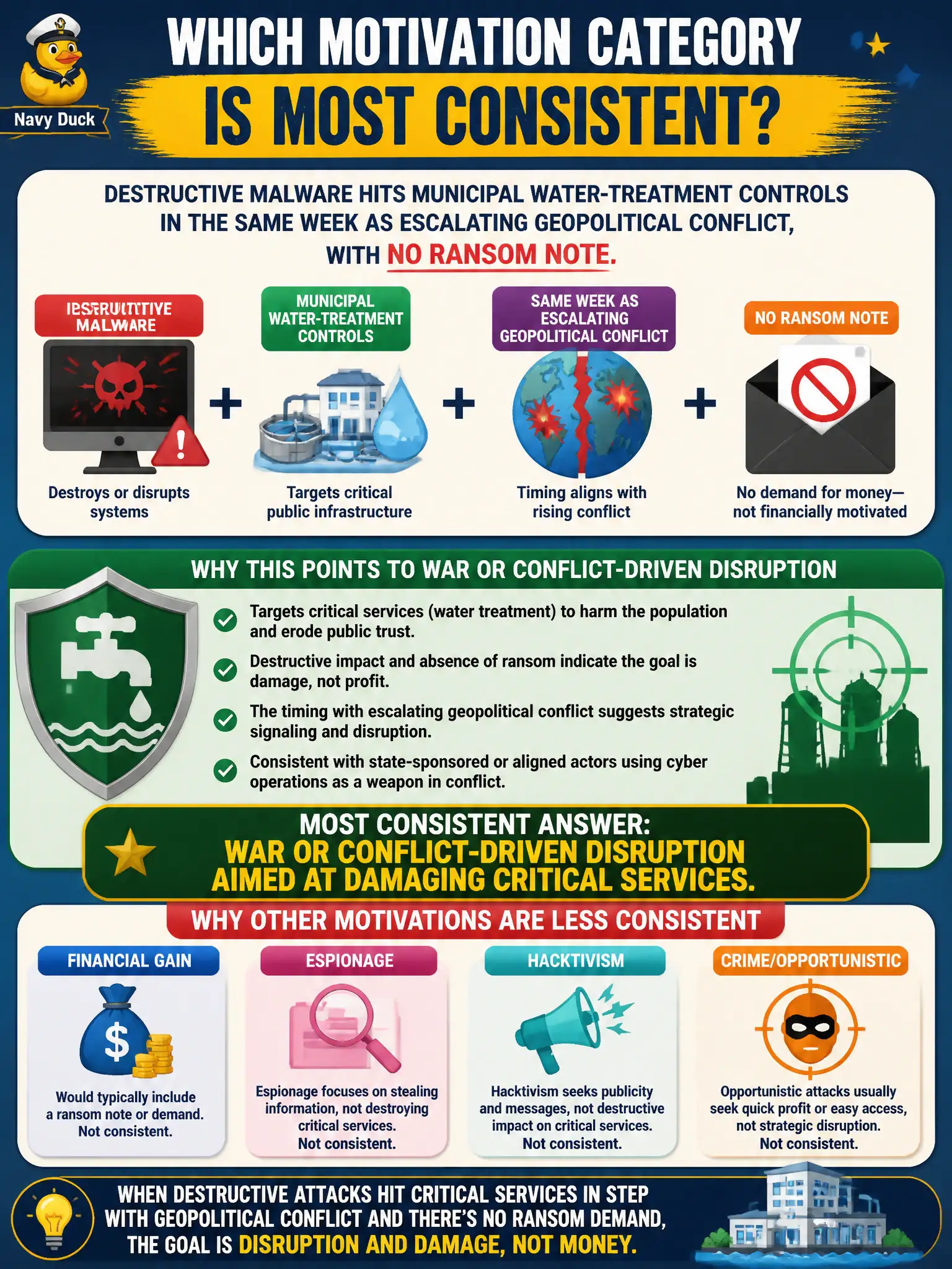 To Create an exciting colorful infographic that explains the concepts in the question: Question: Destructive malware hits municipal water-treatment controls in the same week as escalating geopolitical conflict, with no ransom note. Which motivation category is most consistent? Correct Answer: War or conflict-driven disruption aimed at damaging critical services. Put EVERY visible label in double quotes. No people. No A/B/C/D letters. In one of the four corners put a little "Navy Duck".