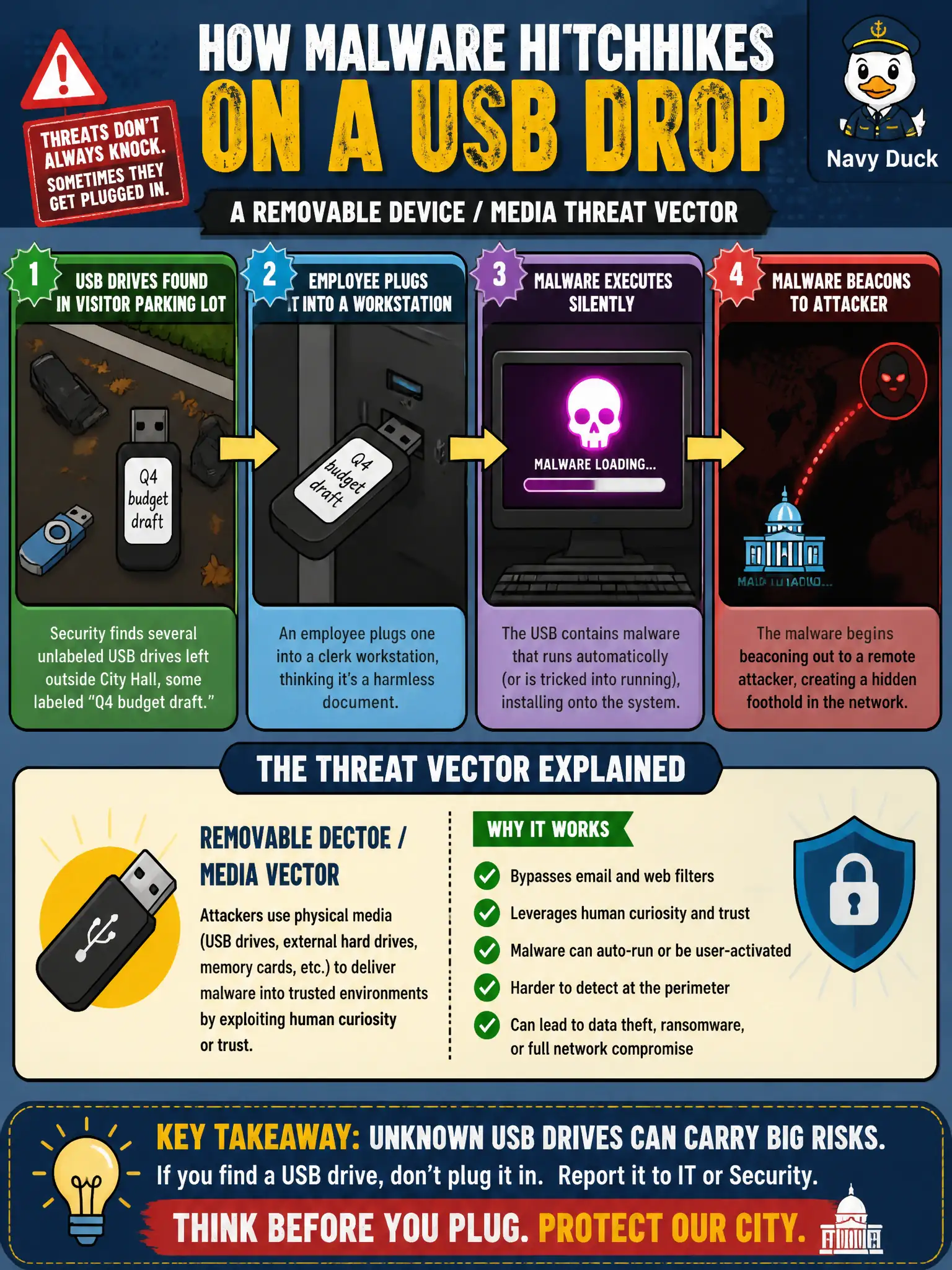 To Create an exciting colorful infographic that explains the concepts in the question: Question: Security finds several unlabeled USB drives left in the visitor parking lot outside city hall, some labeled "Q4 budget draft." An employee plugs one into a clerk workstation and malware begins beaconing. Which threat vector is primarily illustrated? Correct Answer: Removable device / media vector introducing malware via a USB drop Put EVERY visible label in double quotes. No people. No A/B/C/D letters. In one of the four corners put a little "Navy Duck".