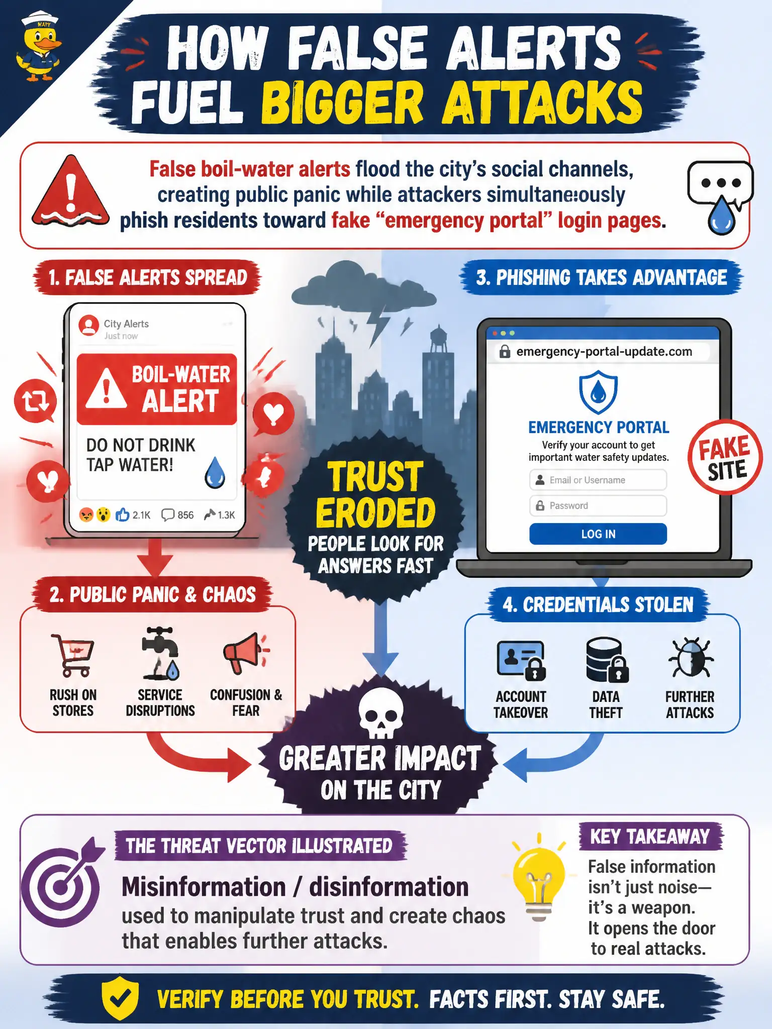 To Create an exciting colorful infographic that explains the concepts in the question: Question: False boil-water alerts flood the city’s social channels, creating public panic while attackers simultaneously phish residents toward fake "emergency portal" login pages. Which threat vector is primarily illustrated by the false alerts? Correct Answer: Misinformation / disinformation used to manipulate trust and create chaos that enables further attacks Put EVERY visible label in double quotes. No people. No A/B/C/D letters. In one of the four corners put a little "Navy Duck".