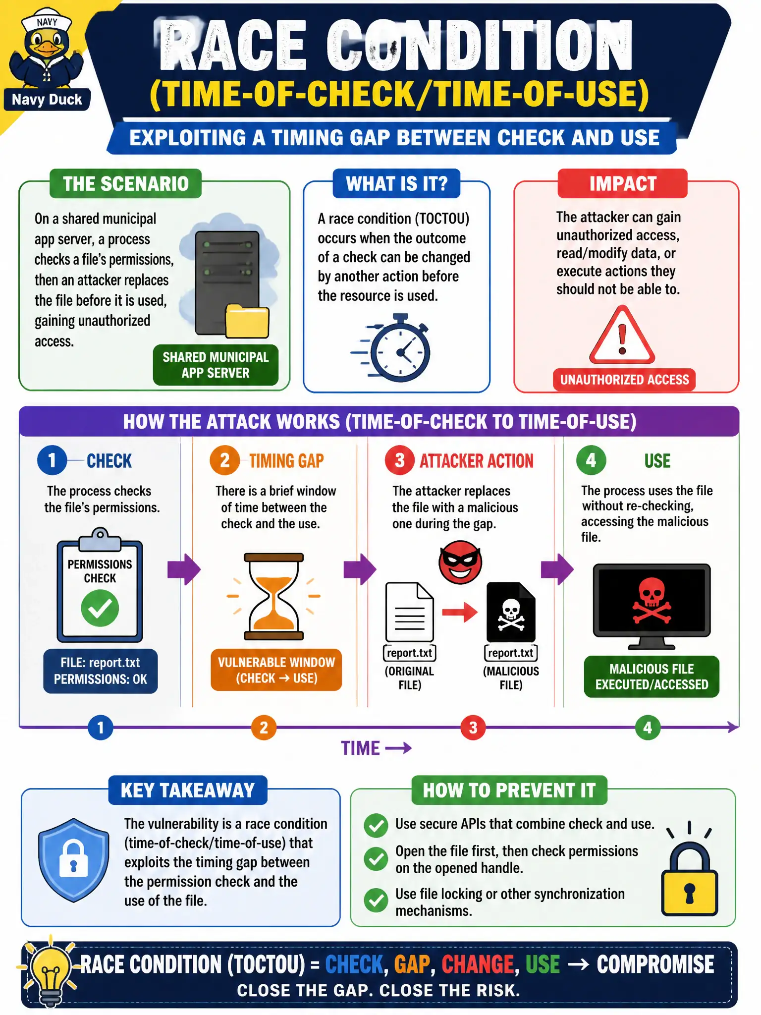 To Create an exciting colorful infographic that explains the concepts in the question: Question: On a shared municipal app server, a process checks a file’s permissions, then an attacker replaces the file before it is used, gaining unauthorized access. Which vulnerability does this describe? Correct Answer: Race condition (time-of-check/time-of-use) exploiting a timing gap between check and use Put EVERY visible label in double quotes. No people. No A/B/C/D letters. In one of the four corners put a little "Navy Duck".