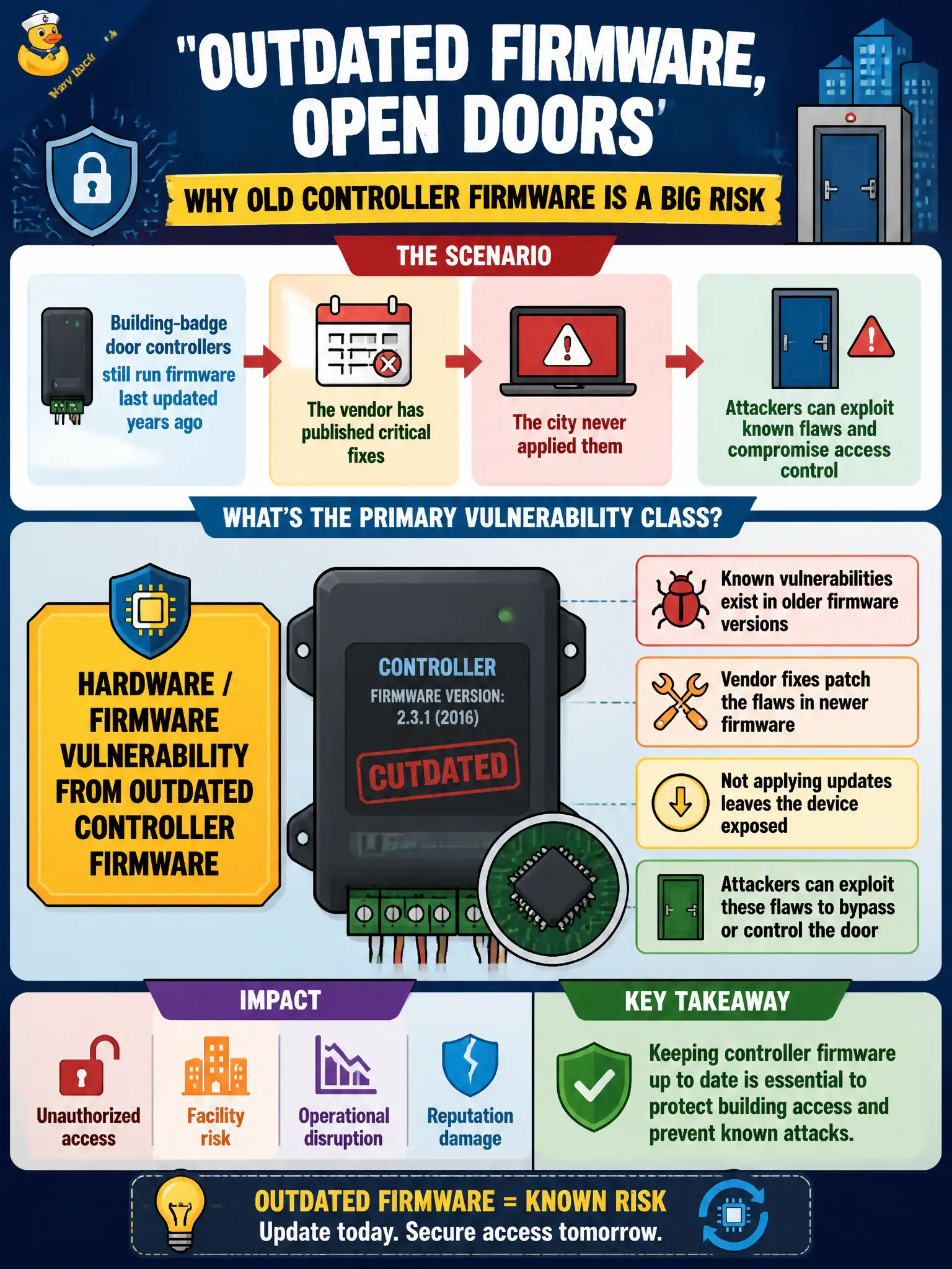 To Create an exciting colorful infographic that explains the concepts in the question: Question: Building-badge door controllers still run firmware last updated years ago, and the vendor has published critical fixes the city never applied. Which vulnerability class is primarily involved? Correct Answer: Hardware / firmware vulnerability from outdated controller firmware Put EVERY visible label in double quotes. No people. No A/B/C/D letters. In one of the four corners put a little "Navy Duck".