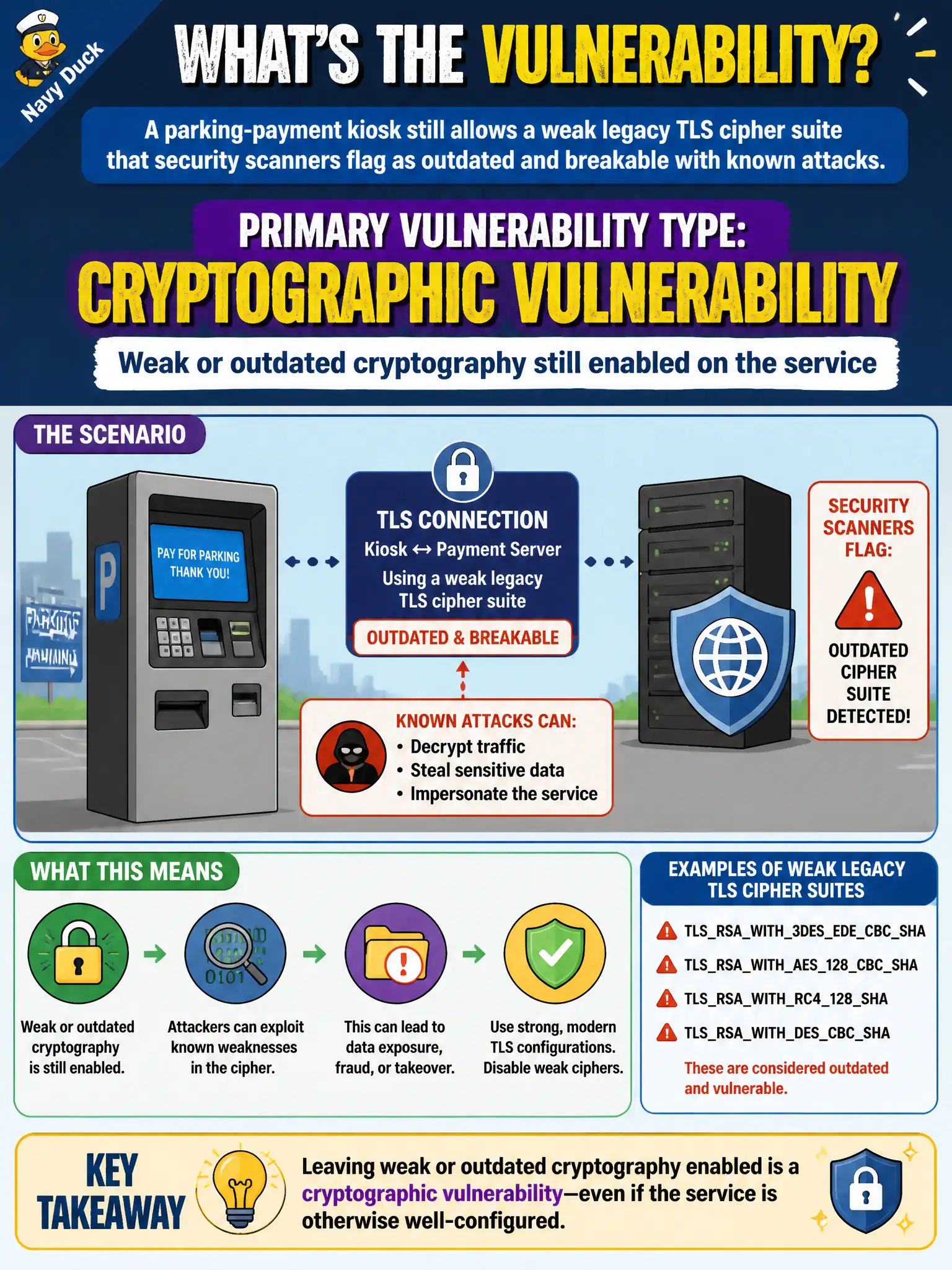 To Create an exciting colorful infographic that explains the concepts in the question: Question: A parking-payment kiosk still allows a weak legacy TLS cipher suite that security scanners flag as outdated and breakable with known attacks. Which vulnerability type is primarily indicated? Correct Answer: Cryptographic vulnerability — weak or outdated cryptography still enabled on the service Put EVERY visible label in double quotes. No people. No A/B/C/D letters. In one of the four corners put a little "Navy Duck".