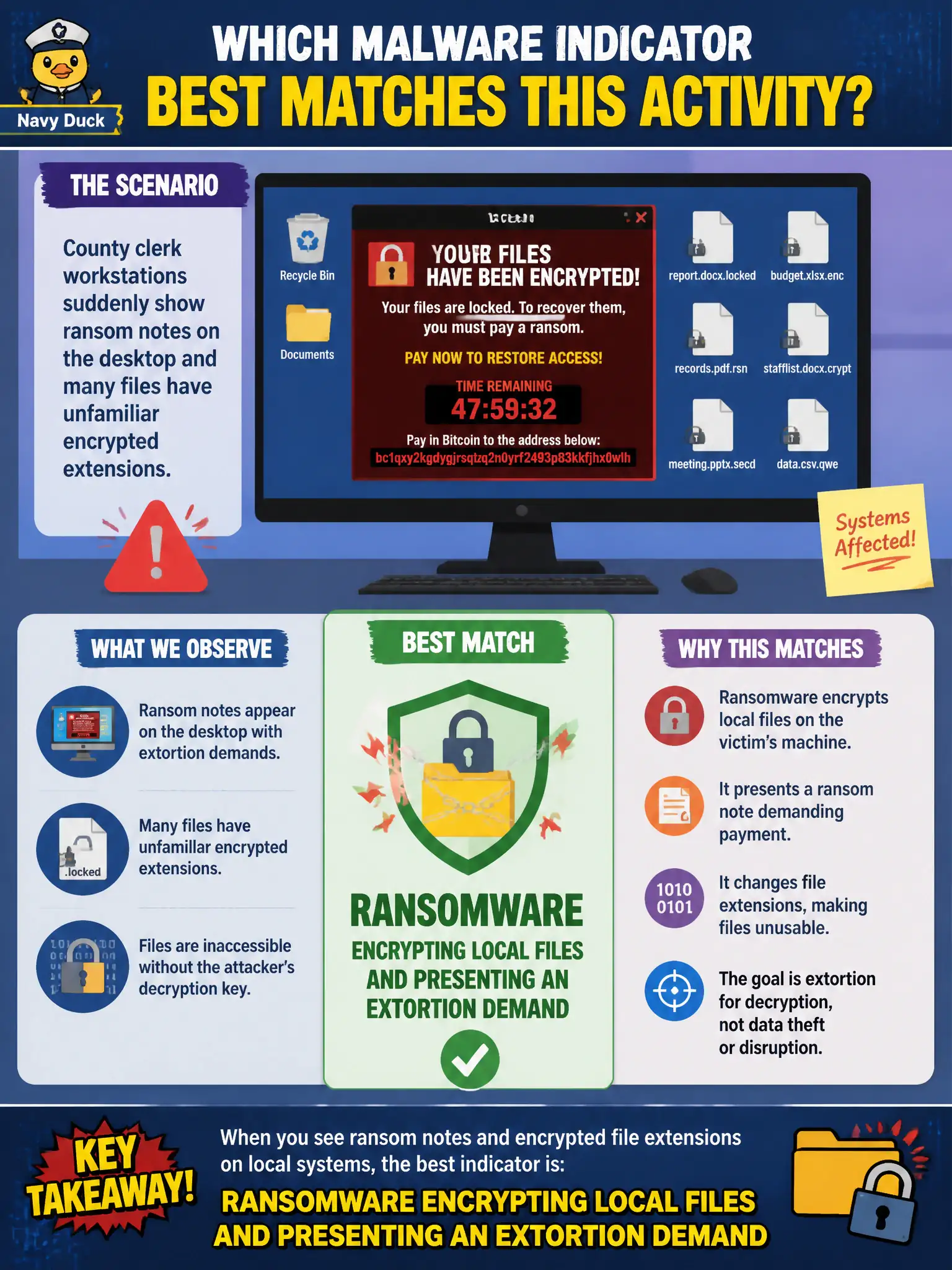 To Create an exciting colorful infographic that explains the concepts in the question: Question: County clerk workstations suddenly show ransom notes on the desktop and many files have unfamiliar encrypted extensions. Which malware indicator best matches this activity? Correct Answer: Ransomware encrypting local files and presenting an extortion demand Put EVERY visible label in double quotes. No people. No A/B/C/D letters. In one of the four corners put a little "Navy Duck".