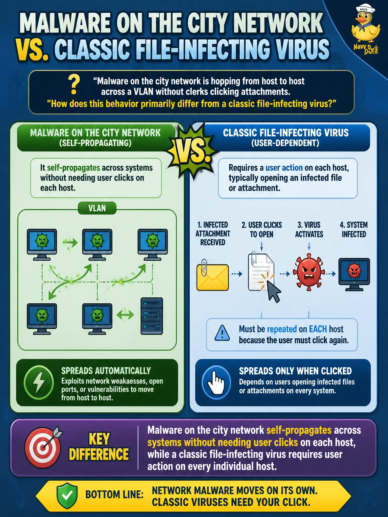 To Create an exciting colorful infographic that explains the concepts in the question: Question: Malware on the city network is hopping from host to host across a VLAN without clerks clicking attachments. How does this behavior primarily differ from a classic file-infecting virus? Correct Answer: It self-propagates across systems without needing user clicks on each host Put EVERY visible label in double quotes. No people. No A/B/C/D letters. In one of the four corners put a little "Navy Duck".