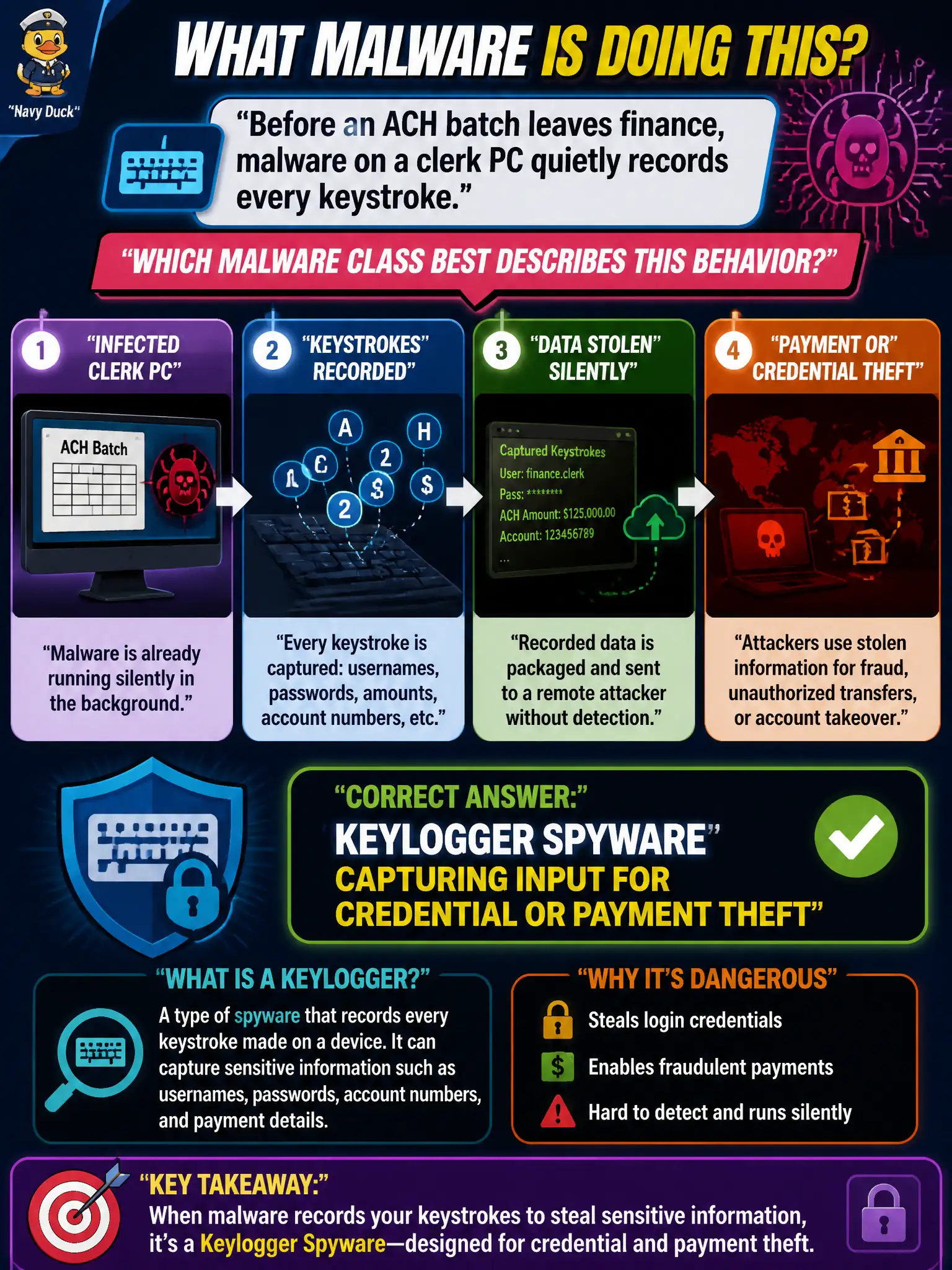 To Create an exciting colorful infographic that explains the concepts in the question: Question: Before an ACH batch leaves finance, malware on a clerk PC quietly records every keystroke. Which malware class best describes this behavior? Correct Answer: Keylogger spyware capturing input for credential or payment theft Put EVERY visible label in double quotes. No people. No A/B/C/D letters. In one of the four corners put a little "Navy Duck".