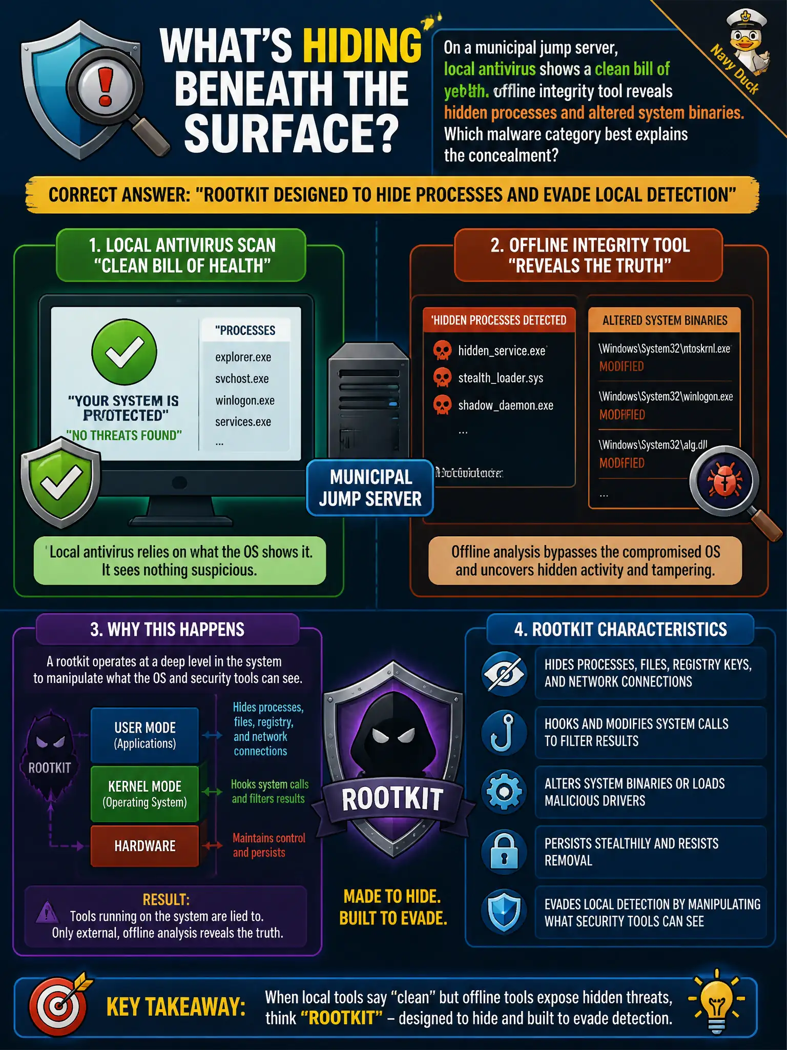 To Create an exciting colorful infographic that explains the concepts in the question: Question: On a municipal jump server, local antivirus shows a clean bill of health, yet an offline integrity tool reveals hidden processes and altered system binaries. Which malware category best explains the concealment? Correct Answer: Rootkit designed to hide processes and evade local detection Put EVERY visible label in double quotes. No people. No A/B/C/D letters. In one of the four corners put a little "Navy Duck".