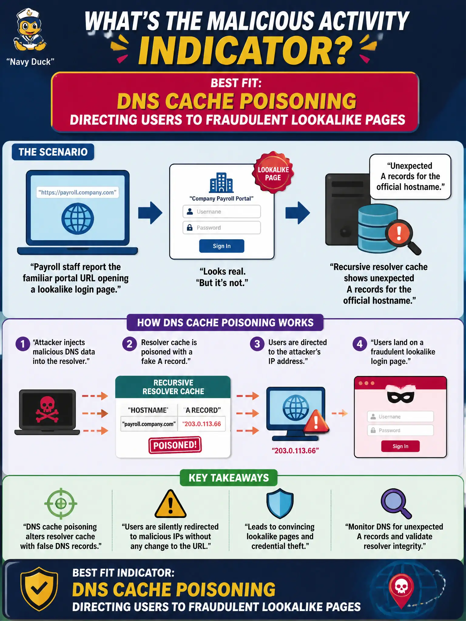 To Create an exciting colorful infographic that explains the concepts in the question: Question: Payroll staff report the familiar portal URL opening a lookalike login page. Recursive resolver cache shows unexpected A records for the official hostname. Which malicious activity indicator fits best? Correct Answer: DNS cache poisoning directing users to fraudulent lookalike pages Put EVERY visible label in double quotes. No people. No A/B/C/D letters. In one of the four corners put a little "Navy Duck".