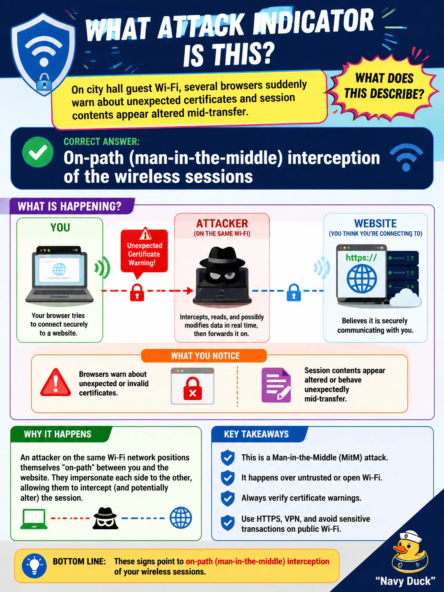 To Create an exciting colorful infographic that explains the concepts in the question: Question: On city hall guest Wi-Fi, several browsers suddenly warn about unexpected certificates and session contents appear altered mid-transfer. Which attack indicator does this describe? Correct Answer: On-path (man-in-the-middle) interception of the wireless sessions Put EVERY visible label in double quotes. No people. No A/B/C/D letters. In one of the four corners put a little "Navy Duck".