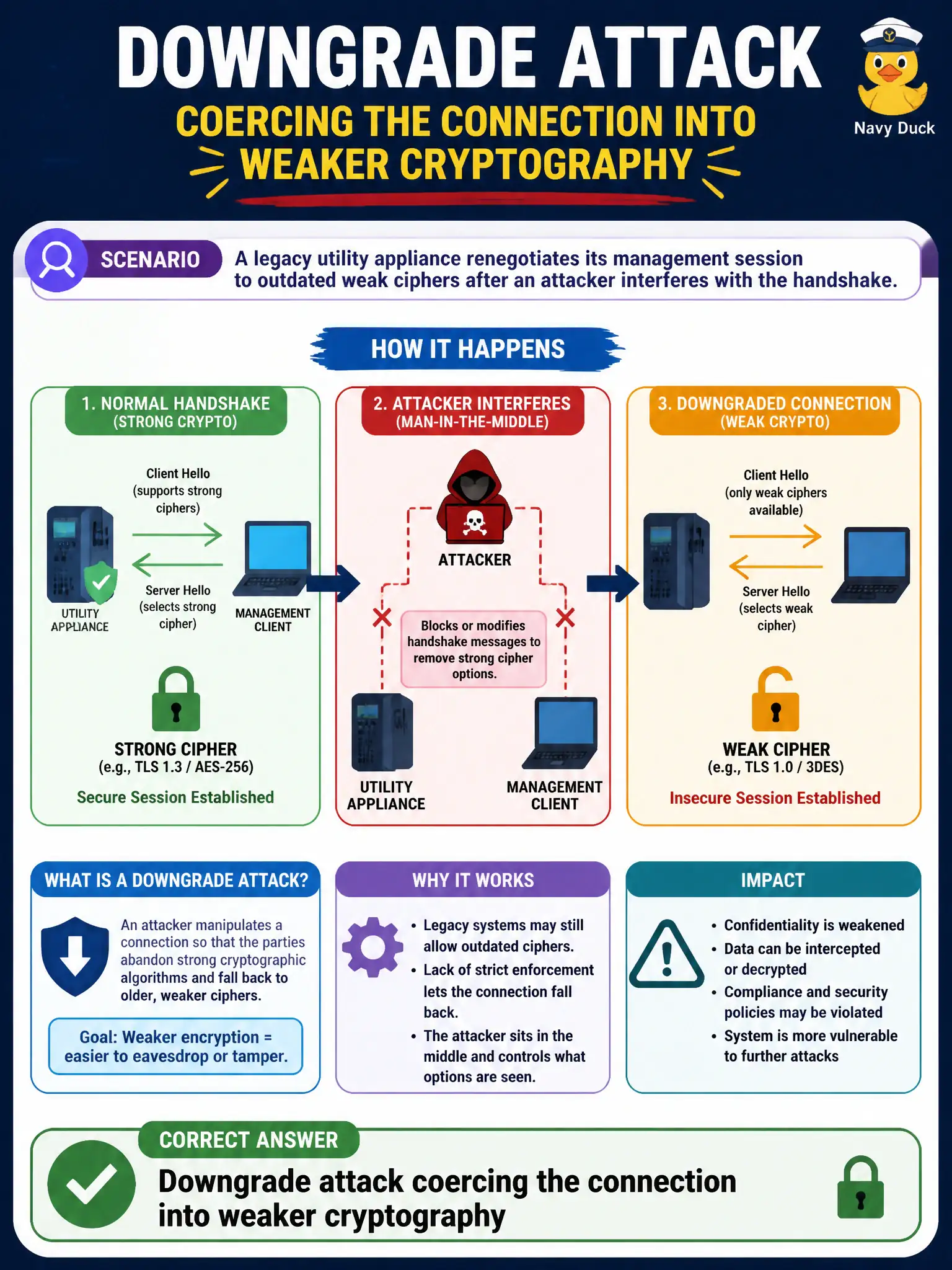 To Create an exciting colorful infographic that explains the concepts in the question: Question: A legacy utility appliance renegotiates its management session to outdated weak ciphers after an attacker interferes with the handshake. Which cryptographic attack is occurring? Correct Answer: Downgrade attack coercing the connection into weaker cryptography Put EVERY visible label in double quotes. No people. No A/B/C/D letters. In one of the four corners put a little "Navy Duck".