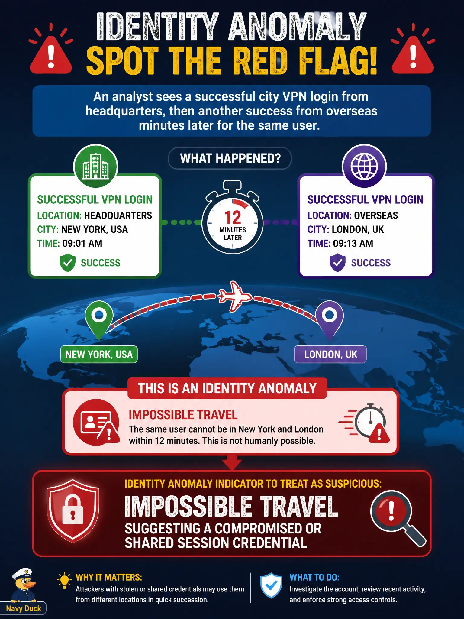 To Create an exciting colorful infographic that explains the concepts in the question: Question: An analyst sees a successful city VPN login from headquarters, then another success from overseas minutes later for the same user. Which identity anomaly indicator should be treated as suspicious? Correct Answer: Impossible travel suggesting a compromised or shared session credential Put EVERY visible label in double quotes. No people. No A/B/C/D letters. In one of the four corners put a little "Navy Duck".