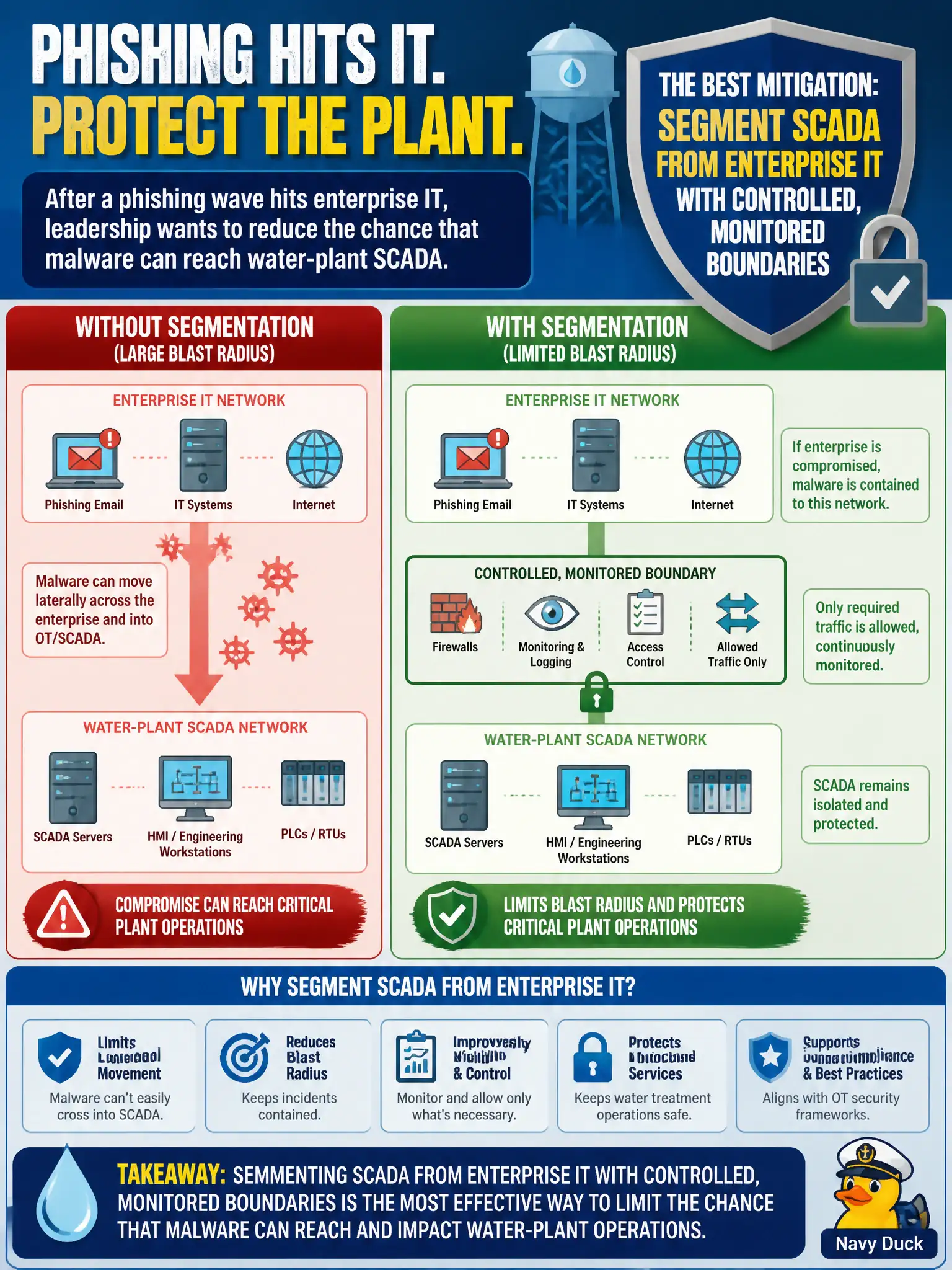 To Create an exciting colorful infographic that explains the concepts in the question: Question: After a phishing wave hits enterprise IT, leadership wants to reduce the chance that malware can reach water-plant SCADA. Which mitigation best limits that blast radius? Correct Answer: Segment SCADA from enterprise IT with controlled, monitored boundaries Put EVERY visible label in double quotes. No people. No A/B/C/D letters. In one of the four corners put a little "Navy Duck".