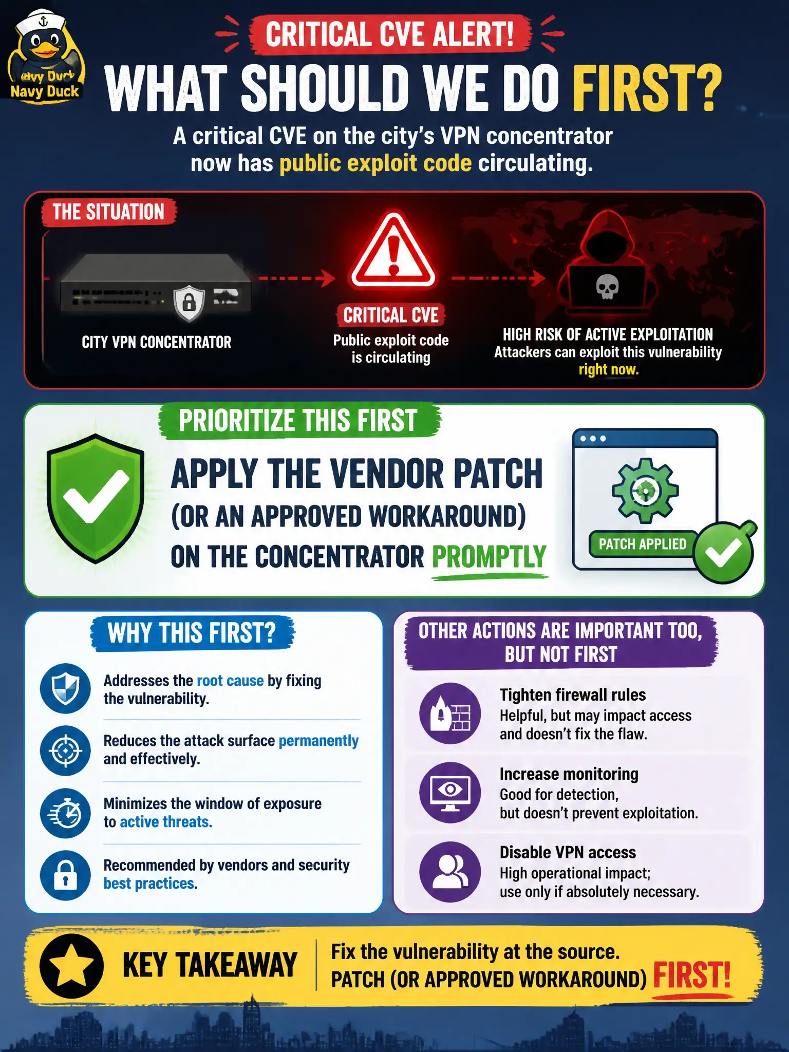 To Create an exciting colorful infographic that explains the concepts in the question: Question: A critical CVE on the city's VPN concentrator now has public exploit code circulating. Which mitigation should be prioritized first for that vulnerability? Correct Answer: Apply the vendor patch (or an approved workaround) on the concentrator promptly Put EVERY visible label in double quotes. No people. No A/B/C/D letters. In one of the four corners put a little "Navy Duck".