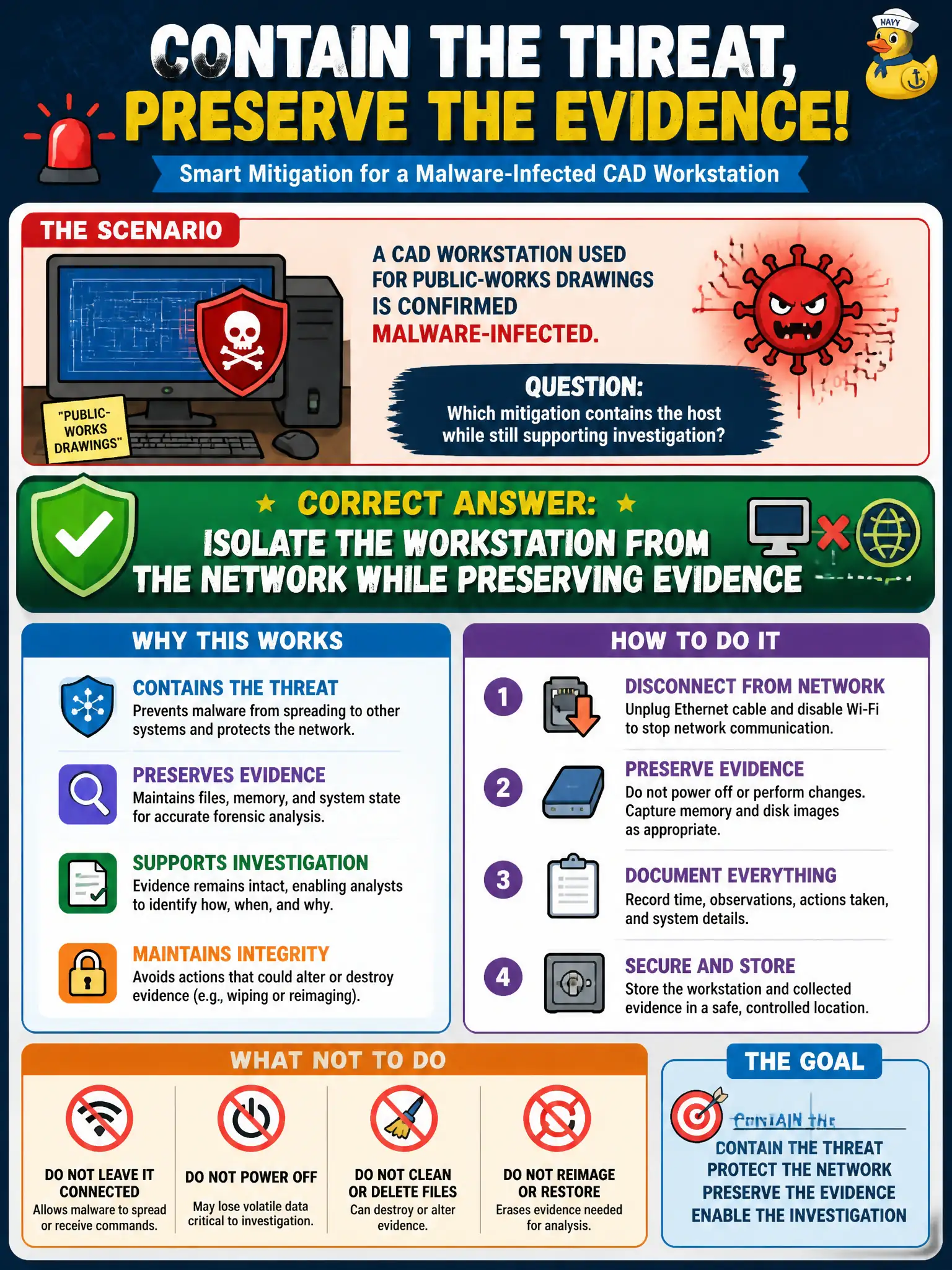 To Create an exciting colorful infographic that explains the concepts in the question: Question: A CAD workstation used for public-works drawings is confirmed malware-infected. Which mitigation contains the host while still supporting investigation? Correct Answer: Isolate the workstation from the network while preserving evidence Put EVERY visible label in double quotes. No people. No A/B/C/D letters. In one of the four corners put a little "Navy Duck".