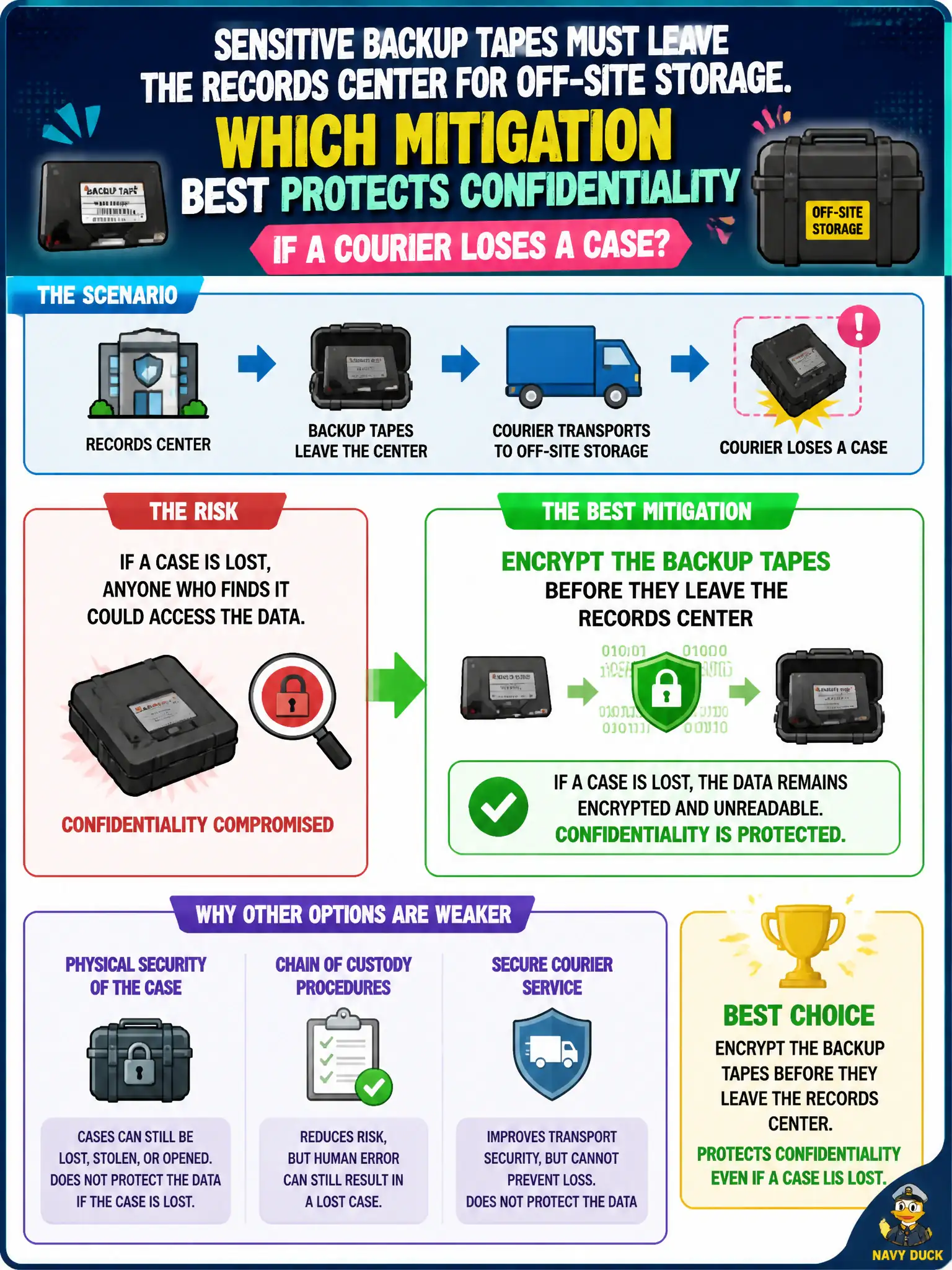 To Create an exciting colorful infographic that explains the concepts in the question: Question: Sensitive backup tapes must leave the records center for off-site storage. Which mitigation best protects confidentiality if a courier loses a case? Correct Answer: Encrypt the backup tapes before they leave the records center Put EVERY visible label in double quotes. No people. No A/B/C/D letters. In one of the four corners put a little "Navy Duck".