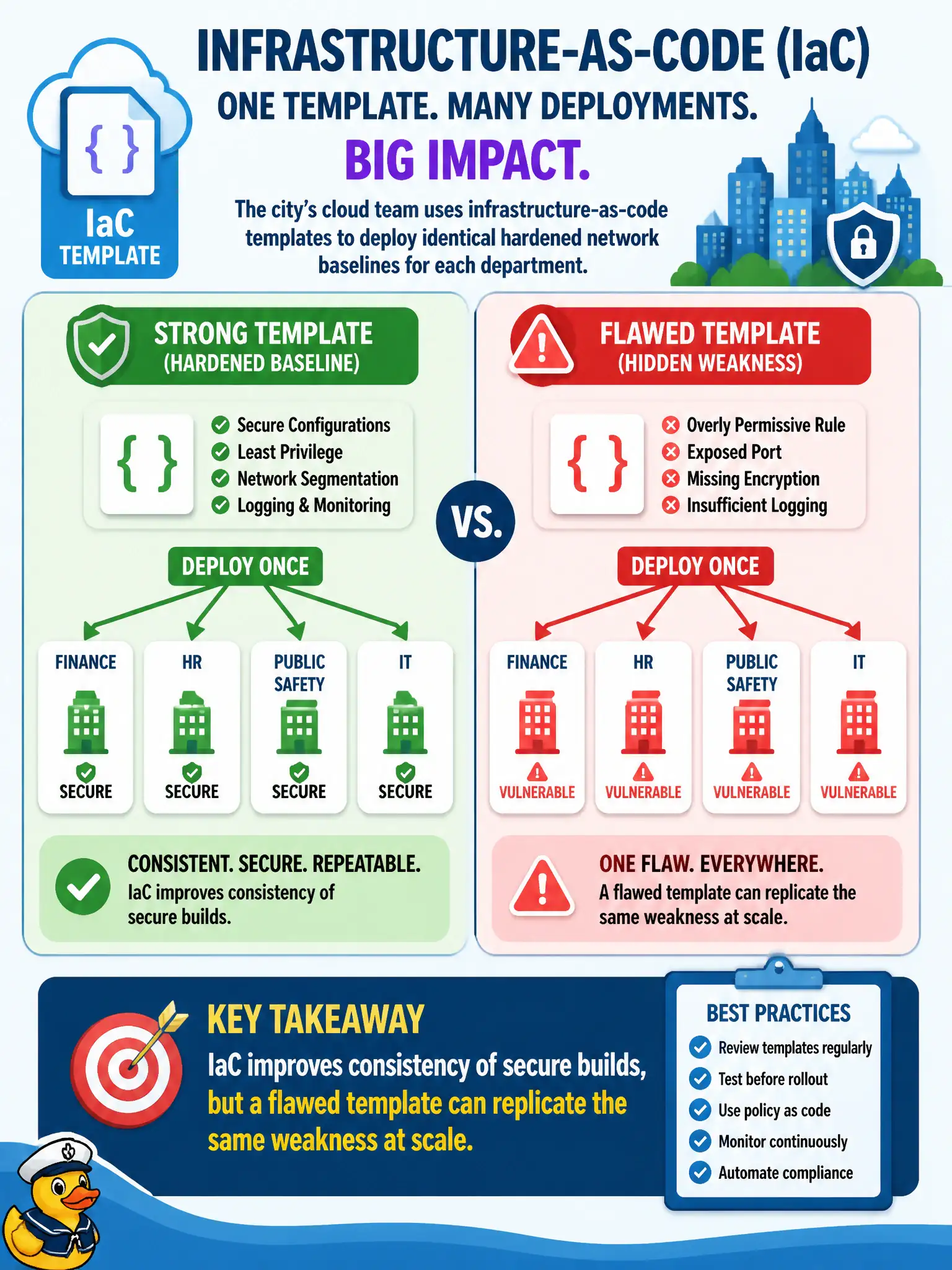 To Create an exciting colorful infographic that explains the concepts in the question: Question: The city's cloud team uses infrastructure-as-code templates to deploy identical hardened network baselines for each department. Which security implication is most accurate? Correct Answer: IaC improves consistency of secure builds, but a flawed template can replicate the same weakness at scale. Put EVERY visible label in double quotes. No people. No A/B/C/D letters. In one of the four corners put a little "Navy Duck".