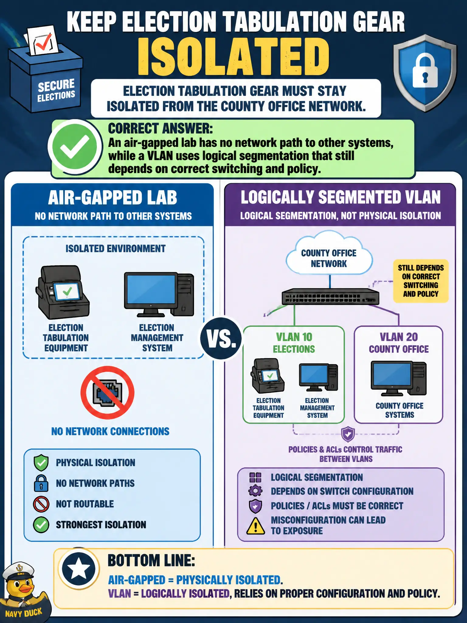 To Create an exciting colorful infographic that explains the concepts in the question: Question: Election tabulation gear must stay isolated from the county office network. How do an air-gapped lab and a logically segmented VLAN differ? Correct Answer: An air-gapped lab has no network path to other systems, while a VLAN uses logical segmentation that still depends on correct switching and policy. Put EVERY visible label in double quotes. No people. No A/B/C/D letters. In one of the four corners put a little "Navy Duck".