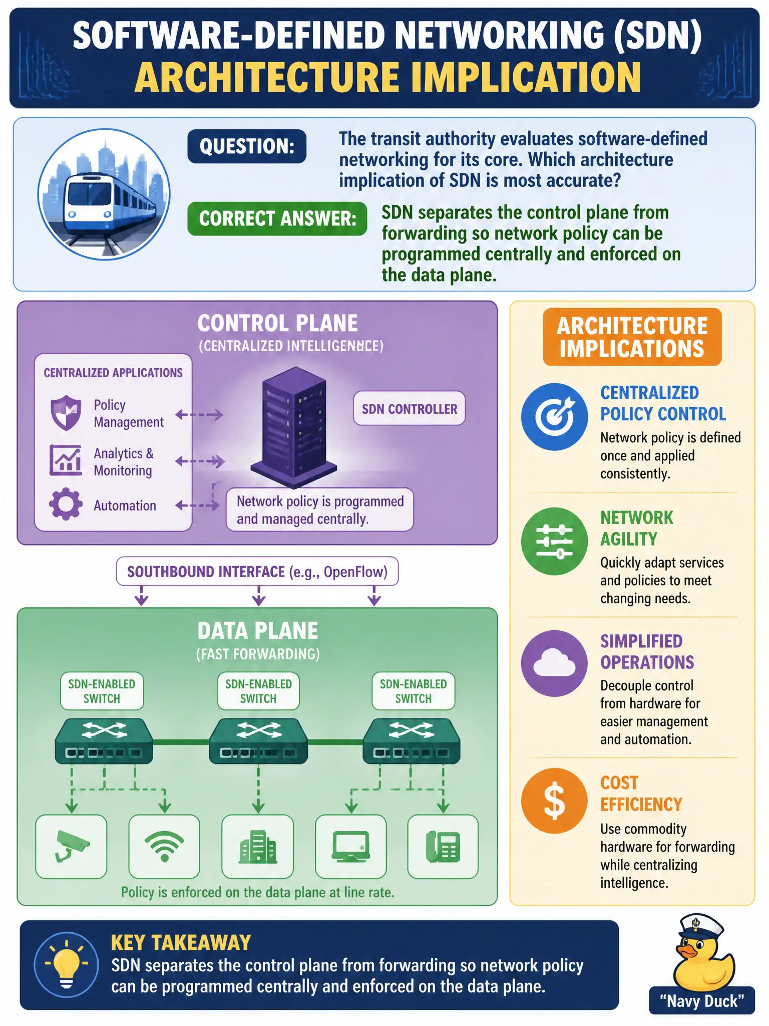 To Create an exciting colorful infographic that explains the concepts in the question: Question: The transit authority evaluates software-defined networking for its core. Which architecture implication of SDN is most accurate? Correct Answer: SDN separates the control plane from forwarding so network policy can be programmed centrally and enforced on the data plane. Put EVERY visible label in double quotes. No people. No A/B/C/D letters. In one of the four corners put a little "Navy Duck".