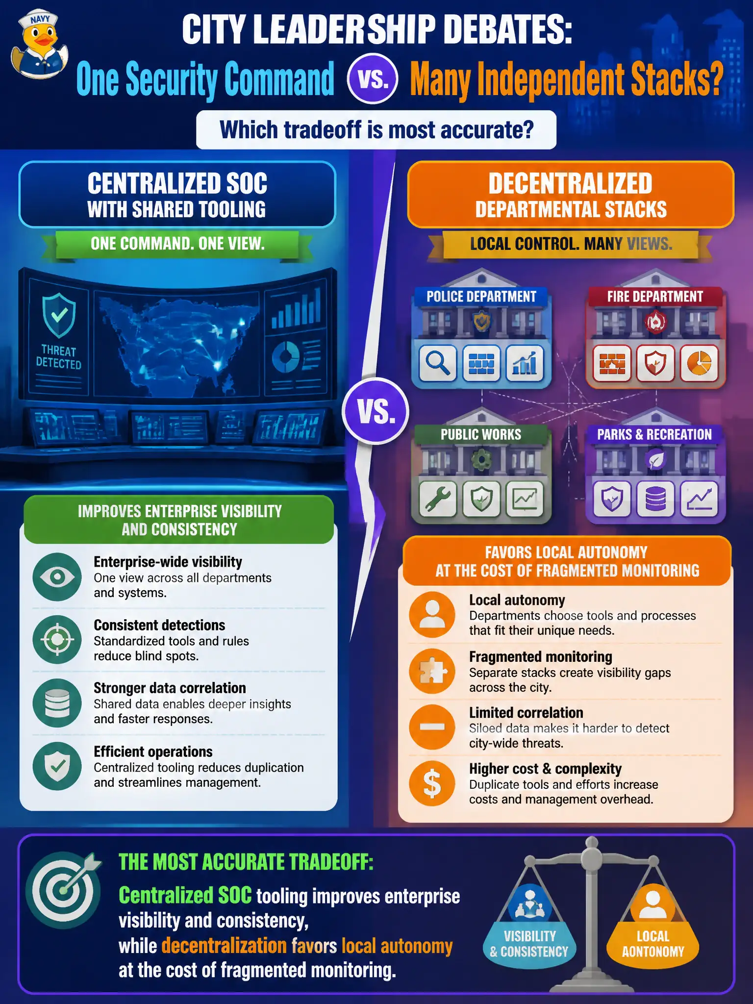 To Create an exciting colorful infographic that explains the concepts in the question: Question: City leadership debates a centralized SOC with shared tooling versus letting each department run its own security stack. Which tradeoff is most accurate? Correct Answer: Centralized SOC tooling improves enterprise visibility and consistency, while decentralization favors local autonomy at the cost of fragmented monitoring. Put EVERY visible label in double quotes. No people. No A/B/C/D letters. In one of the four corners put a little "Navy Duck".