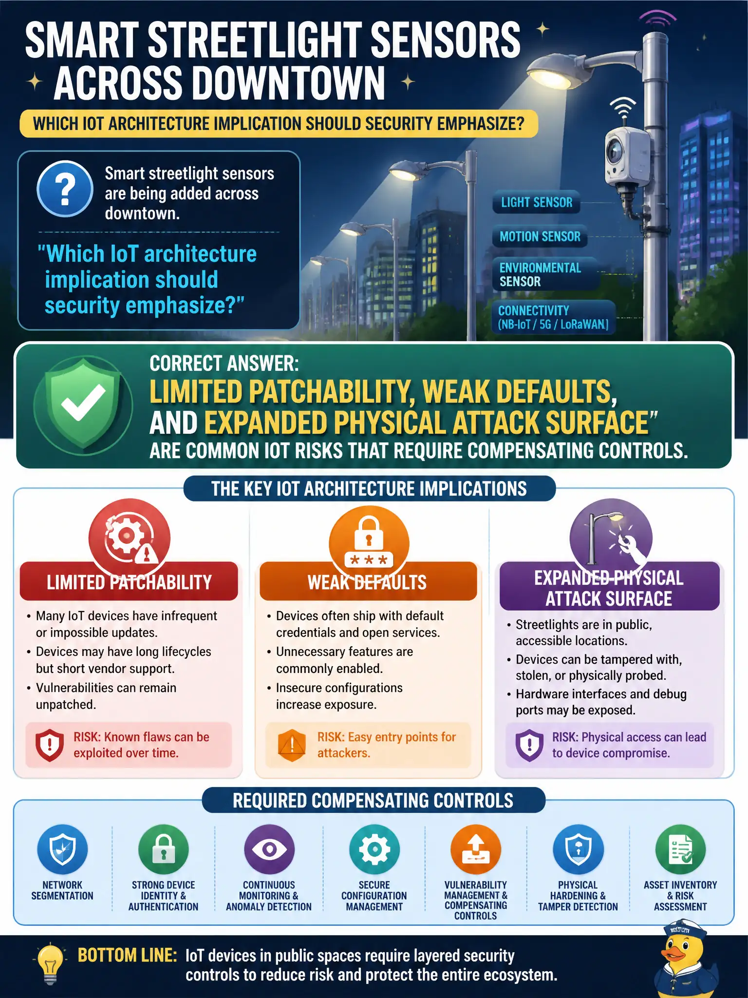 To Create an exciting colorful infographic that explains the concepts in the question: Question: Smart streetlight sensors are being added across downtown. Which IoT architecture implication should security emphasize? Correct Answer: Limited patchability, weak defaults, and expanded physical attack surface are common IoT risks that require compensating controls. Put EVERY visible label in double quotes. No people. No A/B/C/D letters. In one of the four corners put a little "Navy Duck".