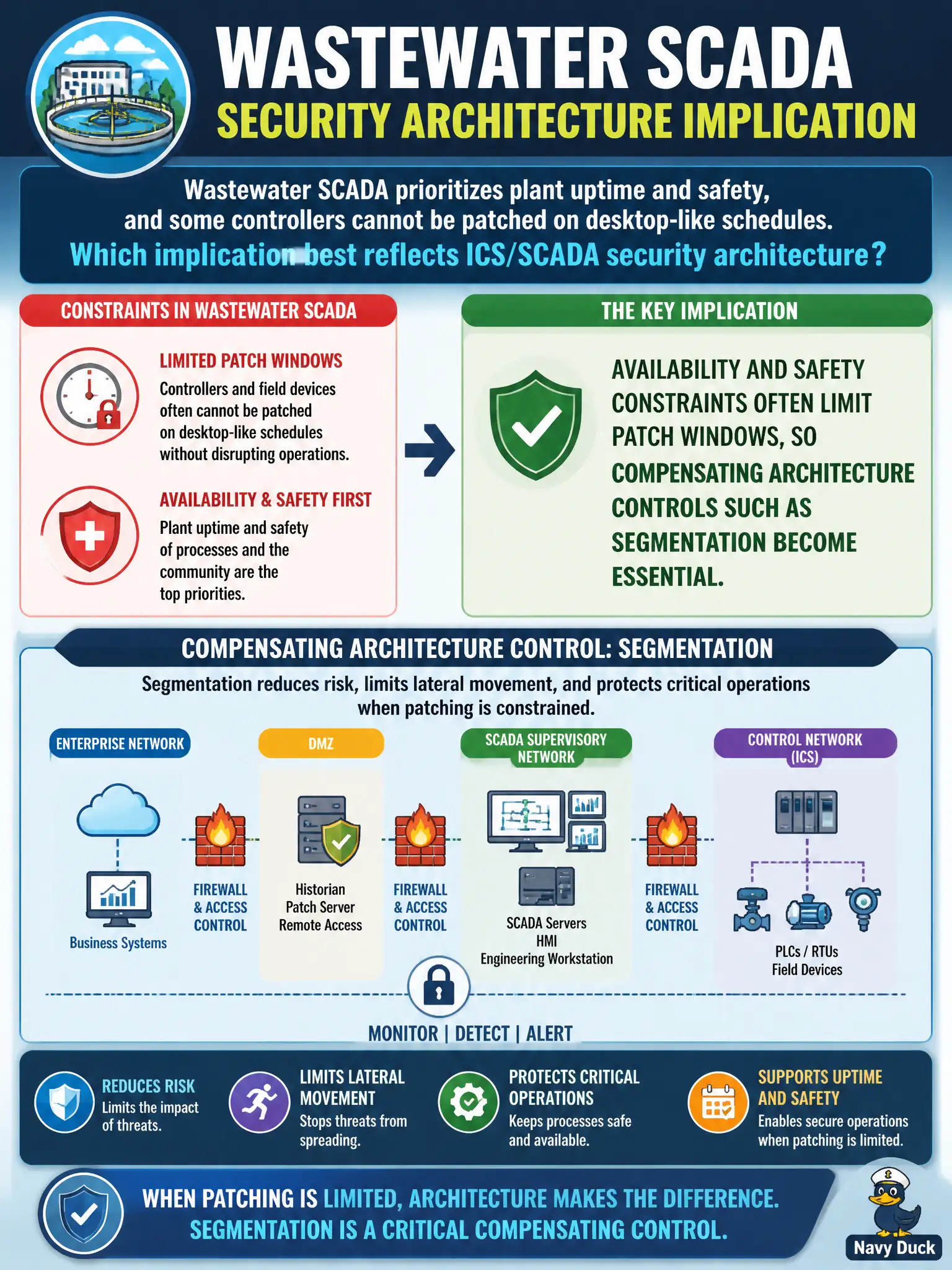 To Create an exciting colorful infographic that explains the concepts in the question: Question: Wastewater SCADA prioritizes plant uptime and safety, and some controllers cannot be patched on desktop-like schedules. Which implication best reflects ICS/SCADA security architecture? Correct Answer: Availability and safety constraints often limit patch windows, so compensating architecture controls such as segmentation become essential. Put EVERY visible label in double quotes. No people. No A/B/C/D letters. In one of the four corners put a little "Navy Duck".