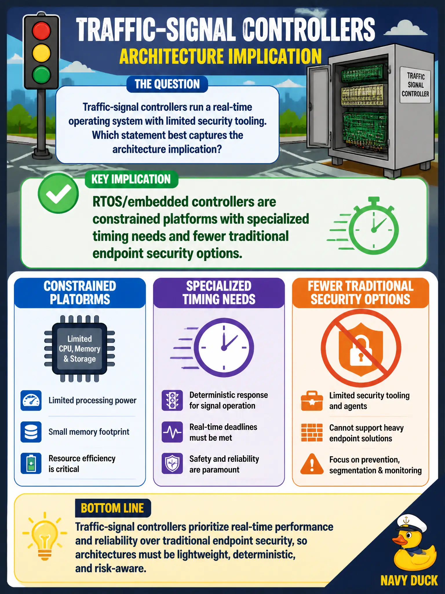 To Create an exciting colorful infographic that explains the concepts in the question: Question: Traffic-signal controllers run a real-time operating system with limited security tooling. Which statement best captures the architecture implication? Correct Answer: RTOS/embedded controllers are constrained platforms with specialized timing needs and fewer traditional endpoint security options. Put EVERY visible label in double quotes. No people. No A/B/C/D letters. In one of the four corners put a little "Navy Duck".