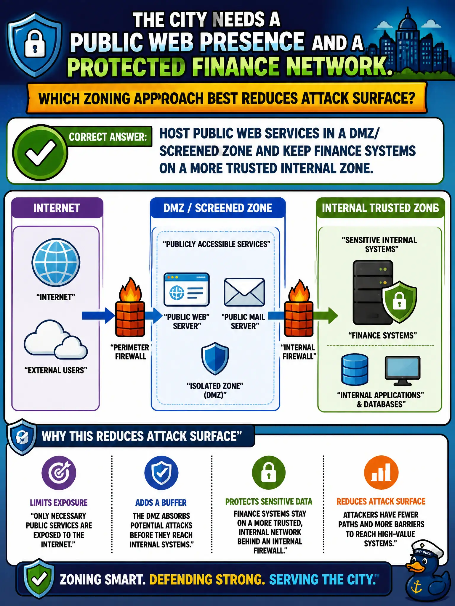 To Create an exciting colorful infographic that explains the concepts in the question: Question: The city needs a public web presence and a protected finance network. Which zoning approach best reduces attack surface? Correct Answer: Host public web services in a DMZ/screened zone and keep finance systems on a more trusted internal zone. Put EVERY visible label in double quotes. No people. No A/B/C/D letters. In one of the four corners put a little "Navy Duck".