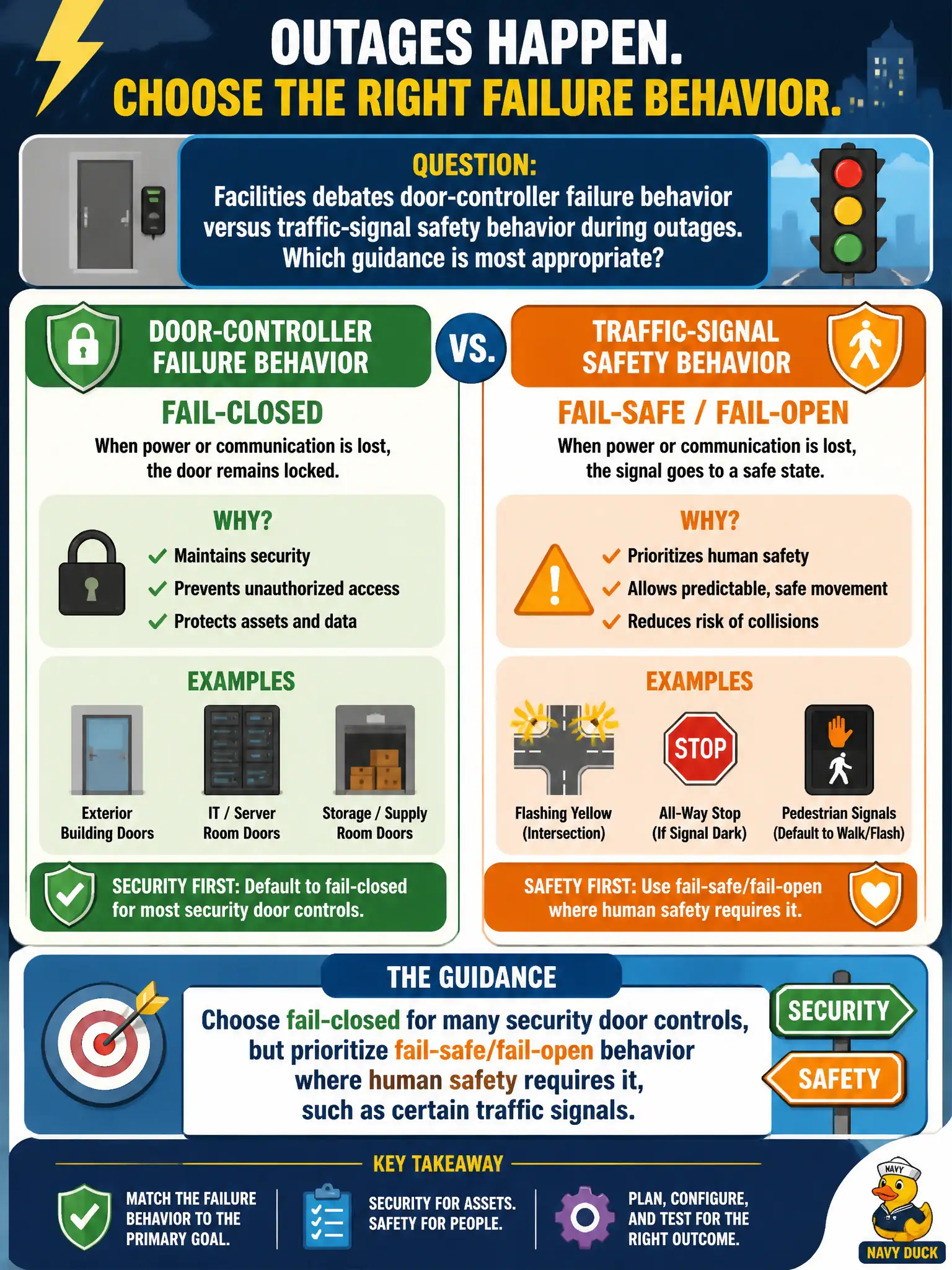 To Create an exciting colorful infographic that explains the concepts in the question: Question: Facilities debates door-controller failure behavior versus traffic-signal safety behavior during outages. Which guidance is most appropriate? Correct Answer: Choose fail-closed for many security door controls, but prioritize fail-safe/fail-open behavior where human safety requires it, such as certain traffic signals. Put EVERY visible label in double quotes. No people. No A/B/C/D letters. In one of the four corners put a little "Navy Duck".