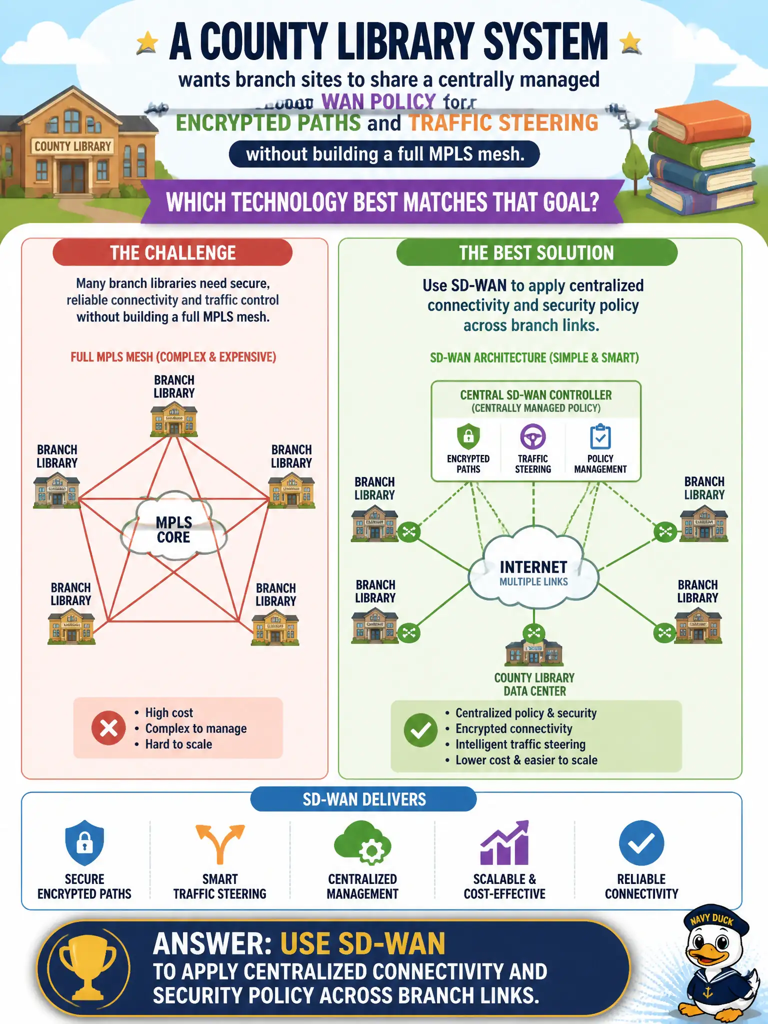 To Create an exciting colorful infographic that explains the concepts in the question: Question: A county library system wants branch sites to share a centrally managed WAN policy for encrypted paths and traffic steering without building a full MPLS mesh. Which technology best matches that goal? Correct Answer: Use SD-WAN to apply centralized connectivity and security policy across branch links. Put EVERY visible label in double quotes. No people. No A/B/C/D letters. In one of the four corners put a little "Navy Duck".