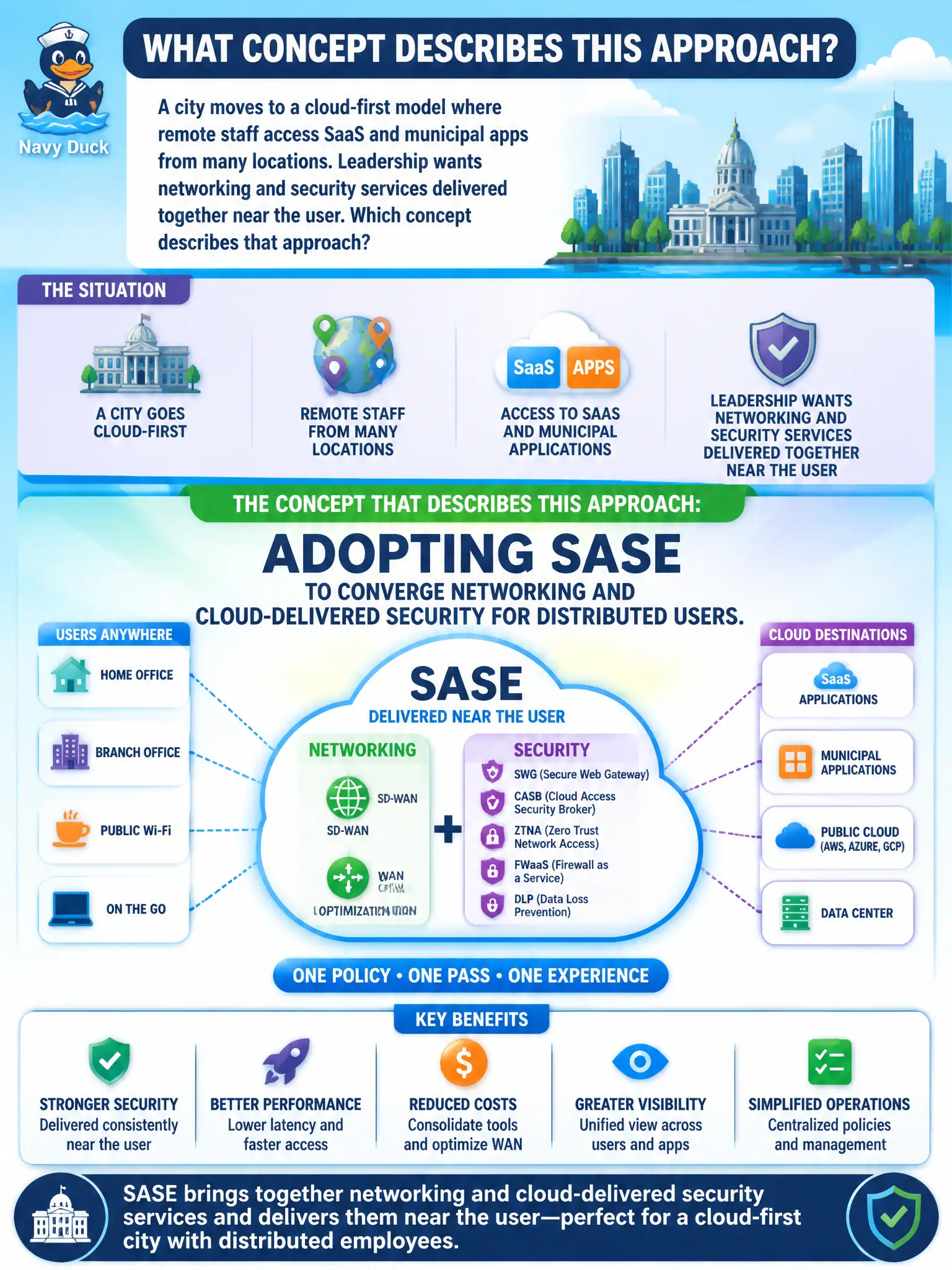 To Create an exciting colorful infographic that explains the concepts in the question: Question: A city moves to a cloud-first model where remote staff access SaaS and municipal apps from many locations. Leadership wants networking and security services delivered together near the user. Which concept describes that approach? Correct Answer: Adopting SASE to converge networking and cloud-delivered security for distributed users. Put EVERY visible label in double quotes. No people. No A/B/C/D letters. In one of the four corners put a little "Navy Duck".