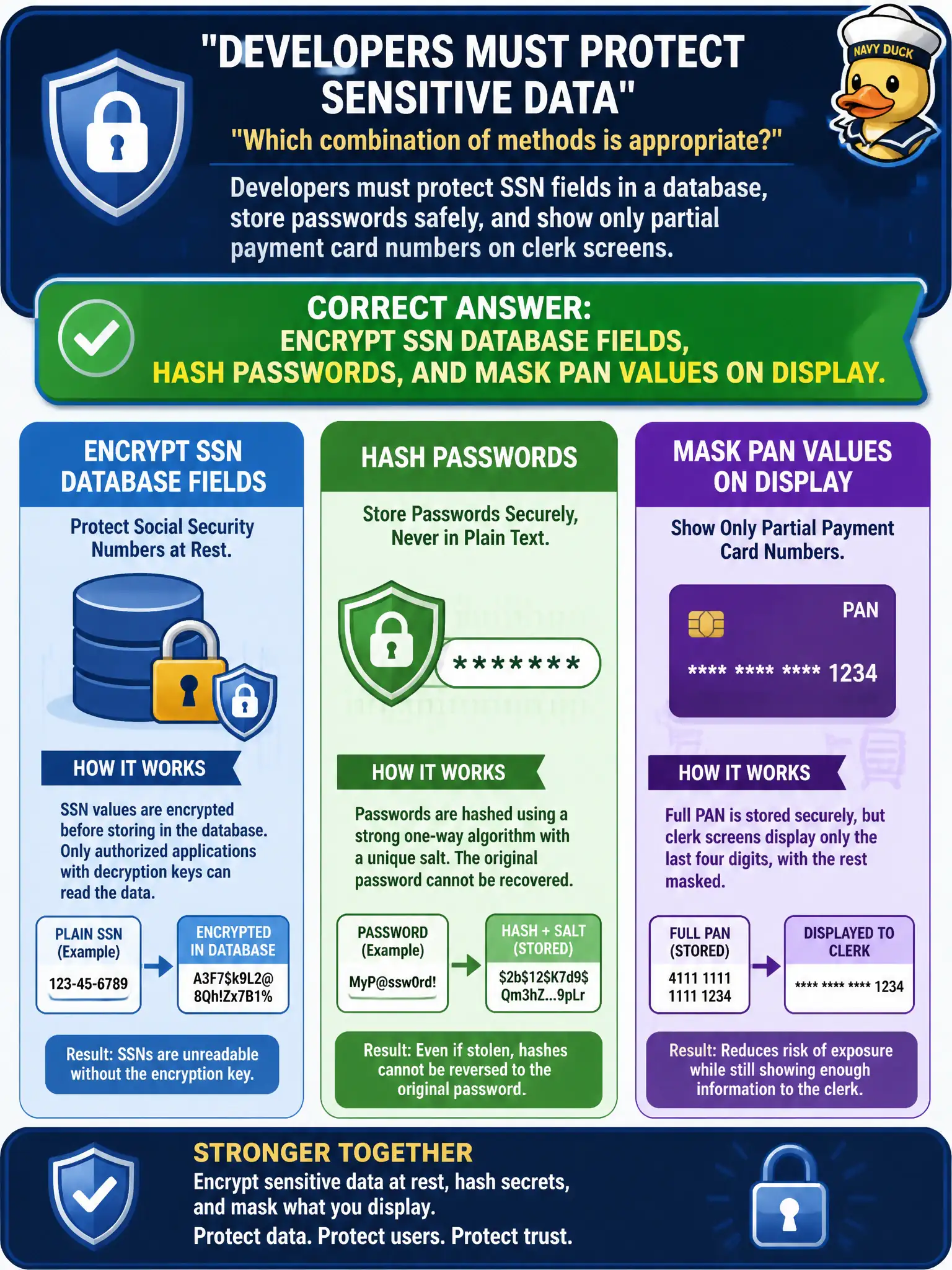 To Create an exciting colorful infographic that explains the concepts in the question: Question: Developers must protect SSN fields in a database, store passwords safely, and show only partial payment card numbers on clerk screens. Which combination of methods is appropriate? Correct Answer: Encrypt SSN database fields, hash passwords, and mask PAN values on display. Put EVERY visible label in double quotes. No people. No A/B/C/D letters. In one of the four corners put a little "Navy Duck".