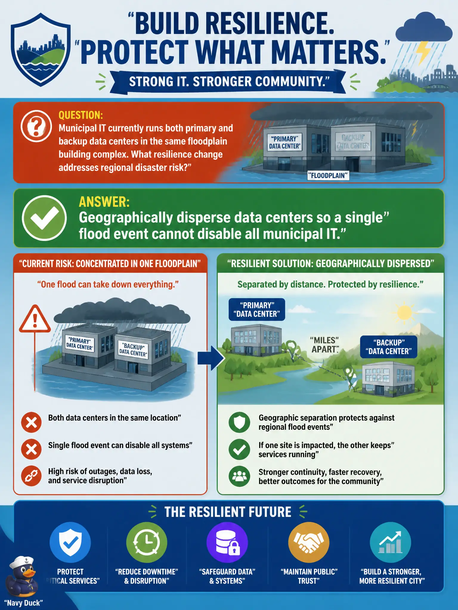 To Create an exciting colorful infographic that explains the concepts in the question: Question: Municipal IT currently runs both primary and backup data centers in the same floodplain building complex. What resilience change addresses regional disaster risk? Correct Answer: Geographically disperse data centers so a single flood event cannot disable all municipal IT. Put EVERY visible label in double quotes. No people. No A/B/C/D letters. In one of the four corners put a little "Navy Duck".