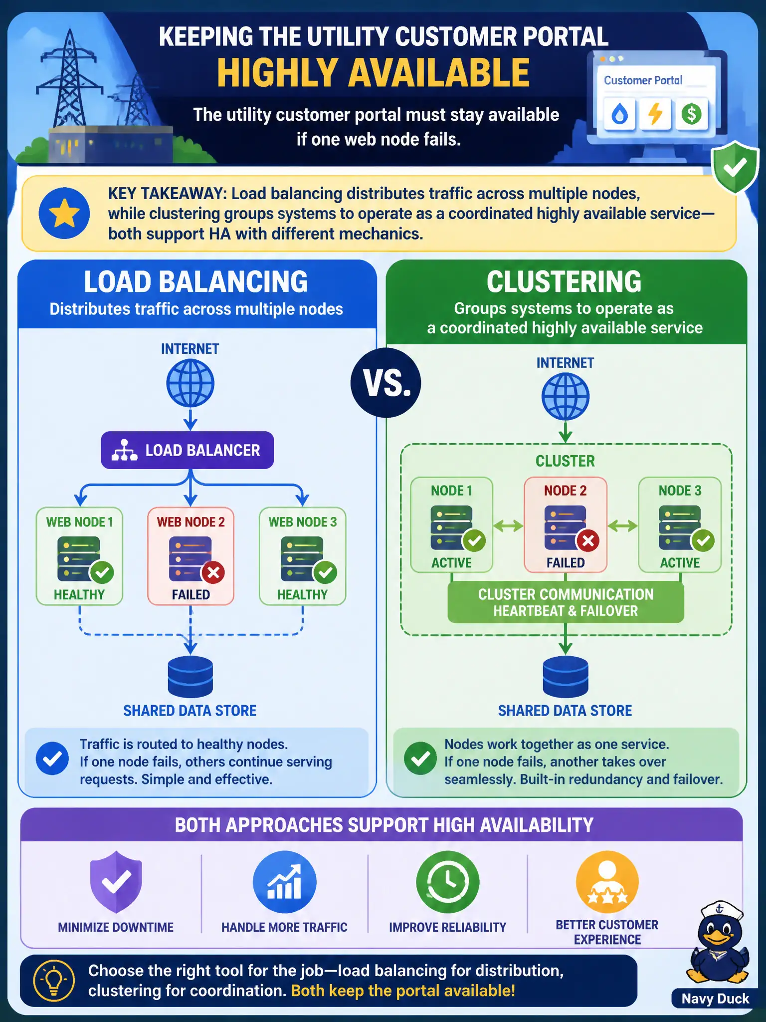 To Create an exciting colorful infographic that explains the concepts in the question: Question: The utility customer portal must stay available if one web node fails. How do load balancing and clustering differ as high-availability approaches? Correct Answer: Load balancing distributes traffic across multiple nodes, while clustering groups systems to operate as a coordinated highly available service—both support HA with different mechanics. Put EVERY visible label in double quotes. No people. No A/B/C/D letters. In one of the four corners put a little "Navy Duck".