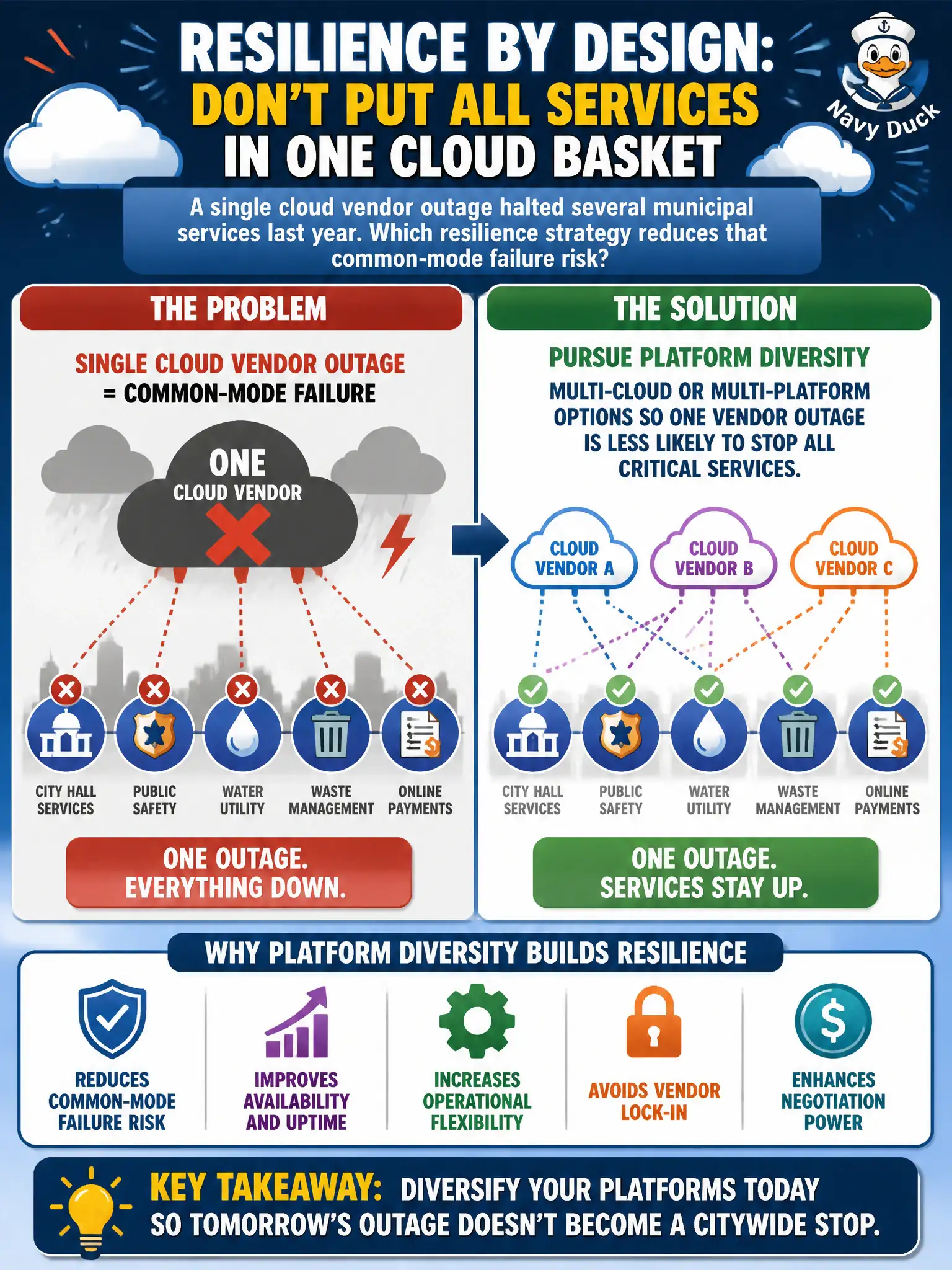 To Create an exciting colorful infographic that explains the concepts in the question: Question: A single cloud vendor outage halted several municipal services last year. Which resilience strategy reduces that common-mode failure risk? Correct Answer: Pursue platform diversity / multi-cloud or multi-platform options so one vendor outage is less likely to stop all critical services. Put EVERY visible label in double quotes. No people. No A/B/C/D letters. In one of the four corners put a little "Navy Duck".