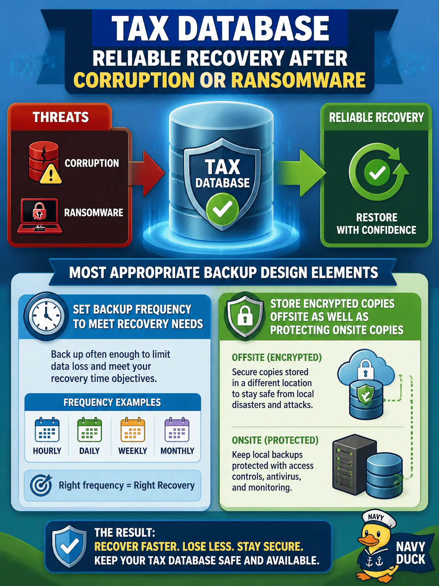 To Create an exciting colorful infographic that explains the concepts in the question: Question: The tax database requires reliable recovery after corruption or ransomware. Which backup design elements are most appropriate? Correct Answer: Set backup frequency to meet recovery needs and store encrypted copies offsite as well as protecting onsite copies. Put EVERY visible label in double quotes. No people. No A/B/C/D letters. In one of the four corners put a little "Navy Duck".