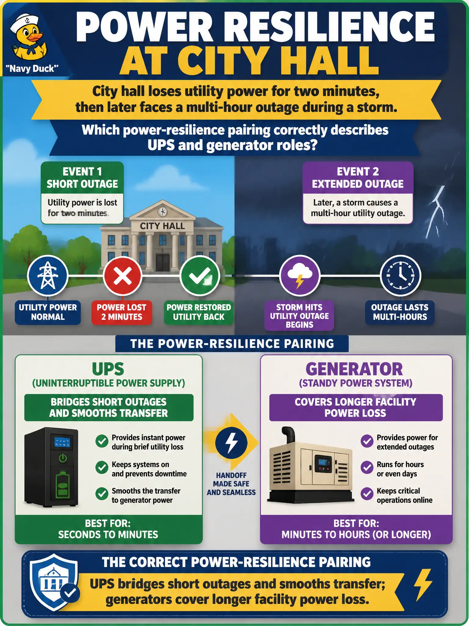 To Create an exciting colorful infographic that explains the concepts in the question: Question: City hall loses utility power for two minutes, then later faces a multi-hour outage during a storm. Which power-resilience pairing correctly describes UPS and generator roles? Correct Answer: UPS bridges short outages and smooths transfer; generators cover longer facility power loss. Put EVERY visible label in double quotes. No people. No A/B/C/D letters. In one of the four corners put a little "Navy Duck".