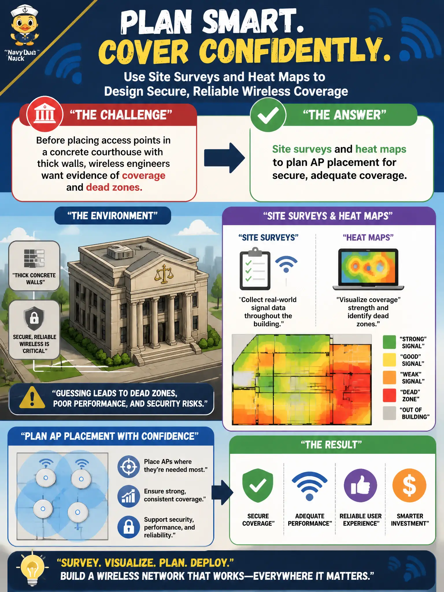 To Create an exciting colorful infographic that explains the concepts in the question: Question: Before placing access points in a concrete courthouse with thick walls, wireless engineers want evidence of coverage and dead zones. What should they use? Correct Answer: Site surveys and heat maps to plan AP placement for secure, adequate coverage. Put EVERY visible label in double quotes. No people. No A/B/C/D letters. In one of the four corners put a little "Navy Duck".
