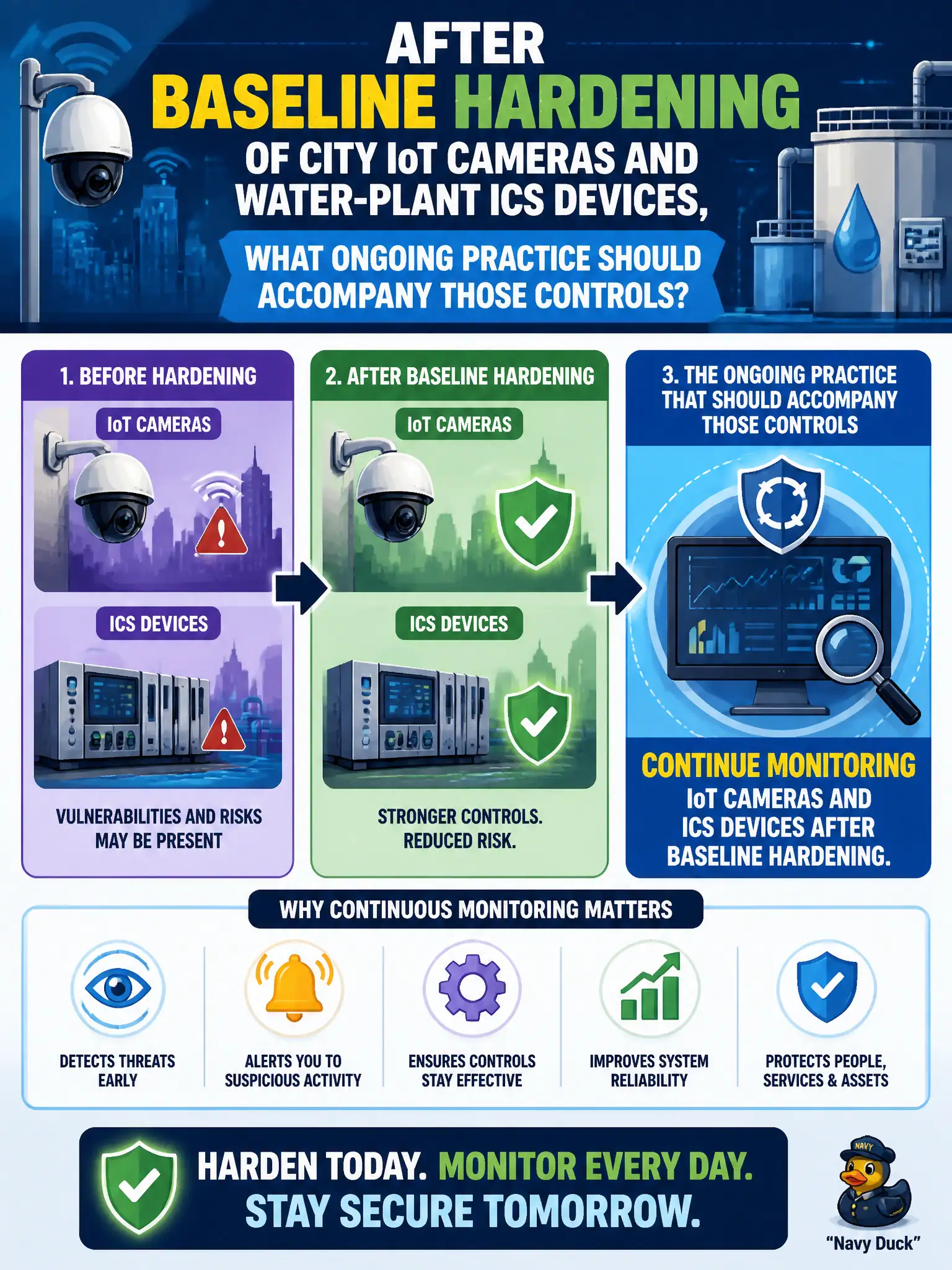 To Create an exciting colorful infographic that explains the concepts in the question: Question: After baseline hardening of city IoT cameras and water-plant ICS devices, what ongoing practice should accompany those controls? Correct Answer: Continue monitoring IoT cameras and ICS devices after baseline hardening. Put EVERY visible label in double quotes. No people. No A/B/C/D letters. In one of the four corners put a little "Navy Duck".