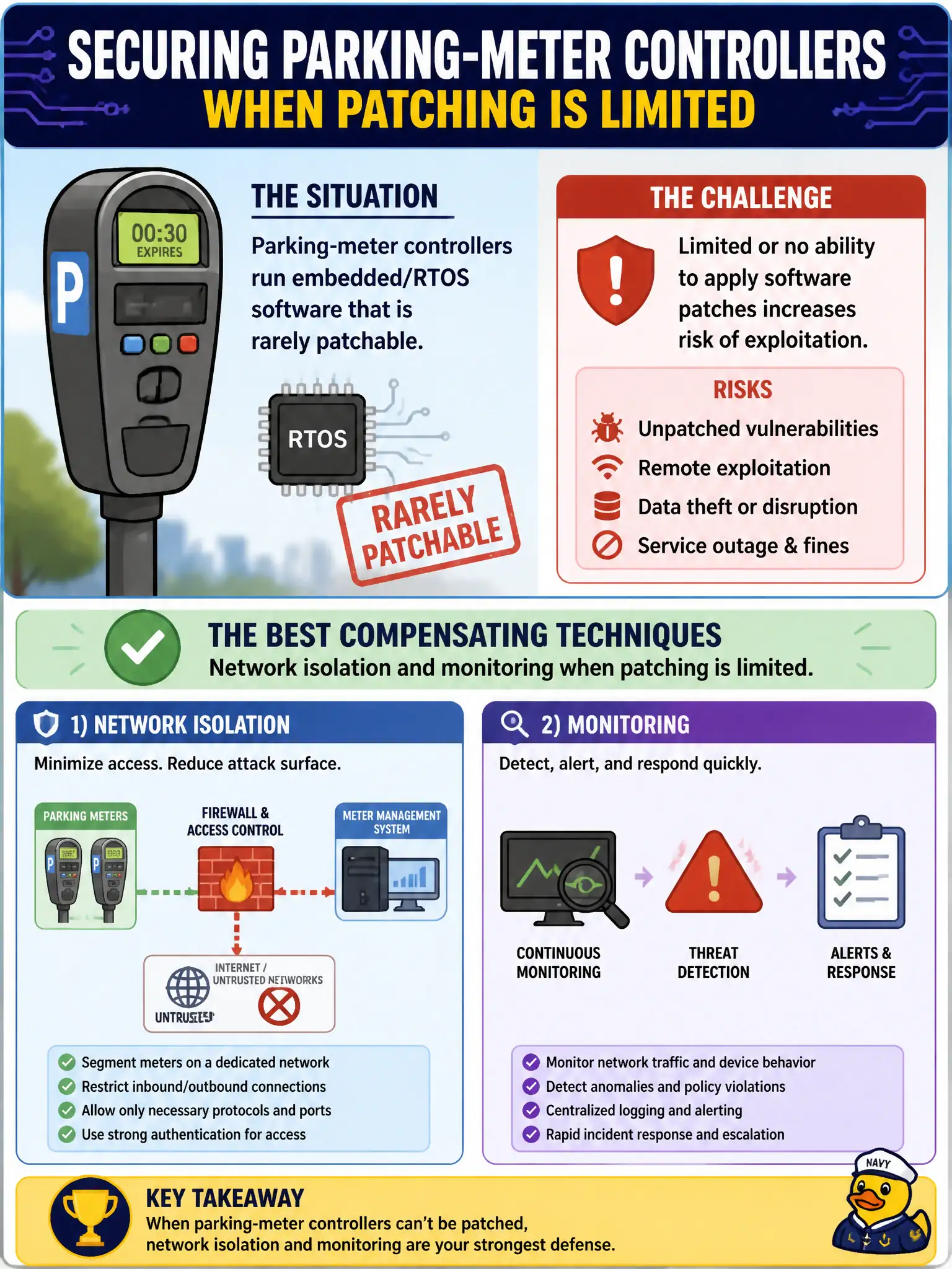 To Create an exciting colorful infographic that explains the concepts in the question: Question: Parking-meter controllers run embedded/RTOS software that is rarely patchable. Which primary techniques best compensate? Correct Answer: Network isolation and monitoring when patching of embedded/RTOS meters is limited. Put EVERY visible label in double quotes. No people. No A/B/C/D letters. In one of the four corners put a little "Navy Duck".