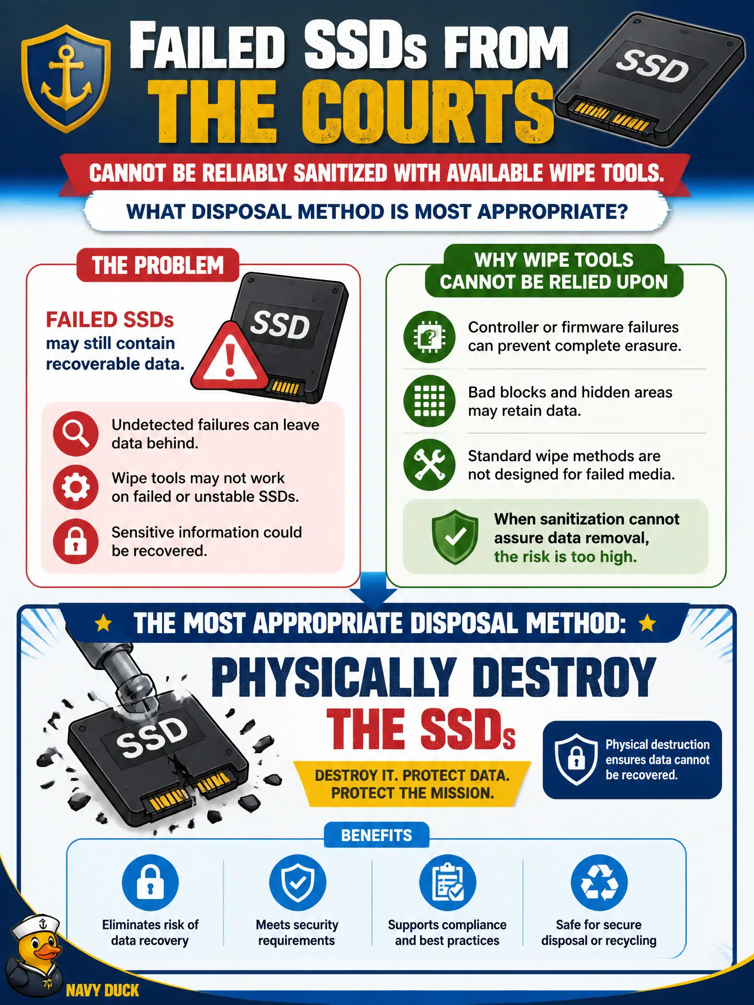 To Create an exciting colorful infographic that explains the concepts in the question: Question: Failed SSDs from the courts cannot be reliably sanitized with available wipe tools. What disposal method is most appropriate? Correct Answer: Physically destroy the SSDs when sanitization cannot assure data removal. Put EVERY visible label in double quotes. No people. No A/B/C/D letters. In one of the four corners put a little "Navy Duck".