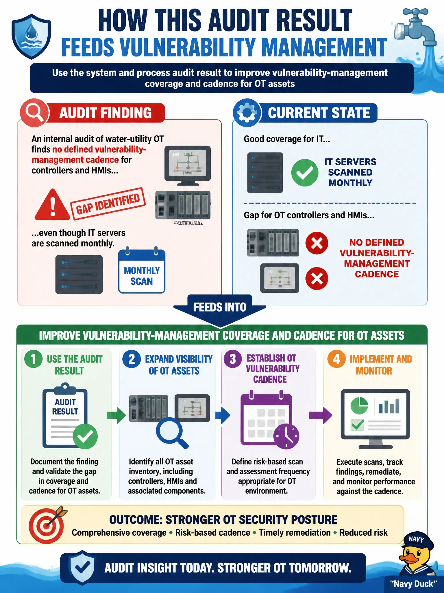 To Create an exciting colorful infographic that explains the concepts in the question: Question: An internal audit of water-utility OT finds no defined vulnerability-management cadence for controllers and HMIs even though IT servers are scanned monthly. How should this audit result feed vulnerability management? Correct Answer: Use the system and process audit result to improve vulnerability-management coverage and cadence for OT assets Put EVERY visible label in double quotes. No people. No A/B/C/D letters. In one of the four corners put a little "Navy Duck".