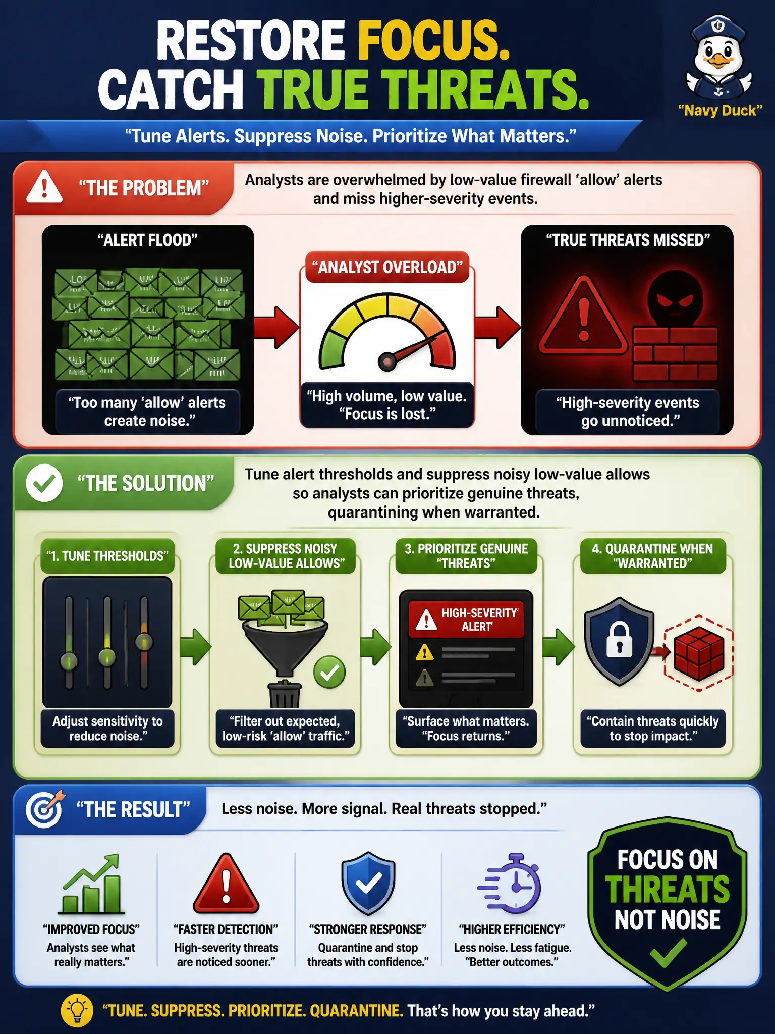 To Create an exciting colorful infographic that explains the concepts in the question: Question: Analysts are overwhelmed by low-value firewall 'allow' alerts and miss higher-severity events. Which monitoring improvement best restores focus on true threats? Correct Answer: Tune alert thresholds and suppress noisy low-value allows so analysts can prioritize genuine threats, quarantining when warranted Put EVERY visible label in double quotes. No people. No A/B/C/D letters. In one of the four corners put a little "Navy Duck".
